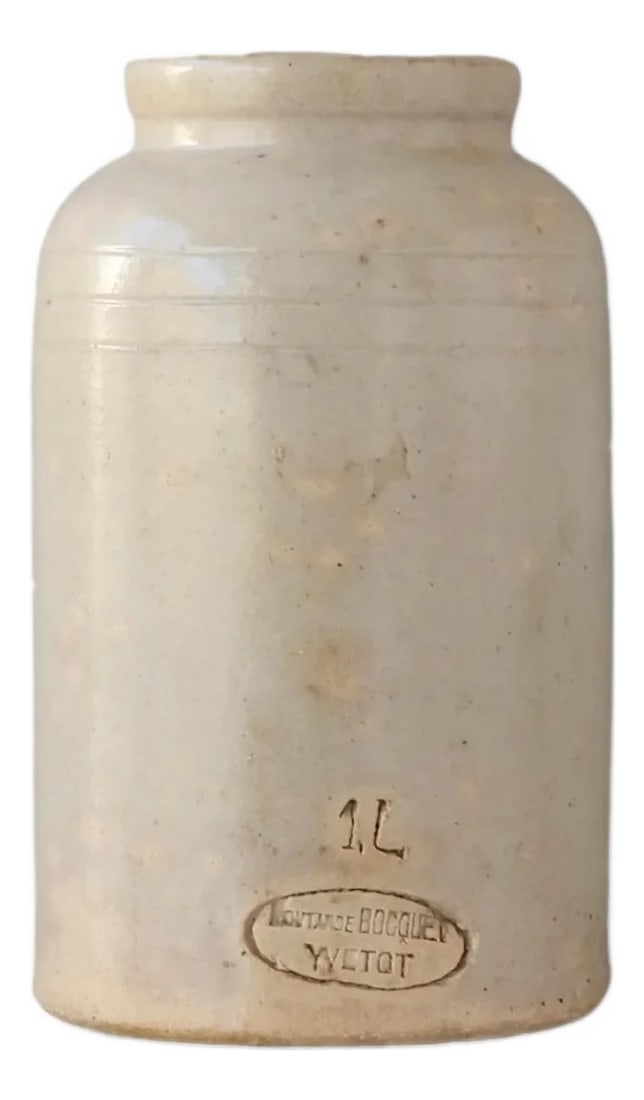 Early 20th Century French 1 Litre "Master" Mustard Crock: Antique 1-liter French stoneware master mustard crock, once used in epiceries and charcuteries to dispense mustard into smaller retail jars. Stamped Moutarde Bocquet - Yvetot on the reverse, with a