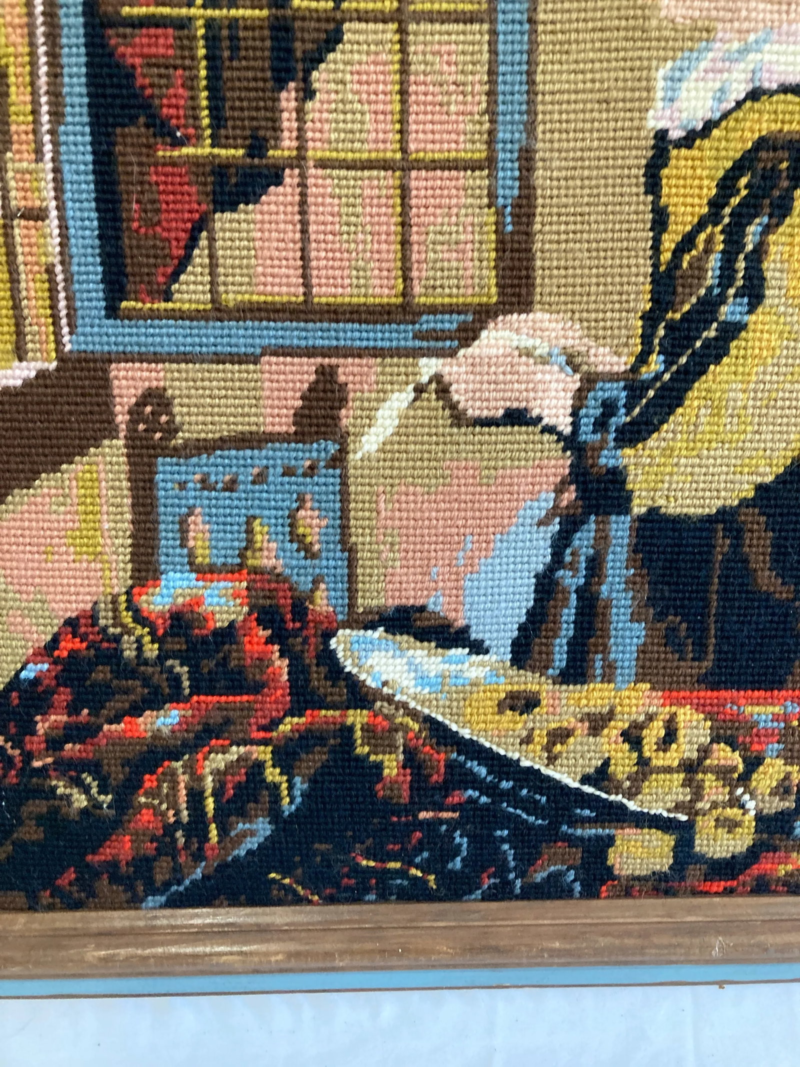 Vintage Framed Needlepoint Artwork After Vermeer Girl Reading at Window - 7