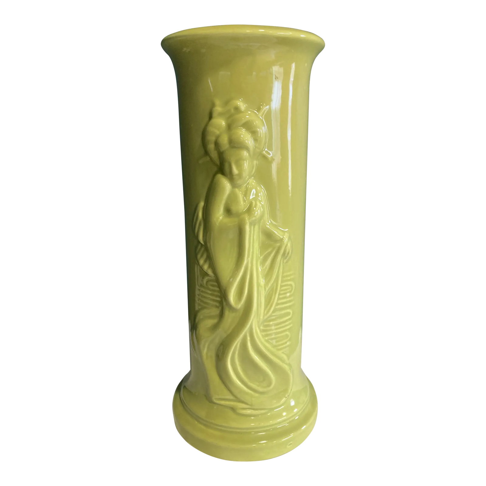 Vintage Chartreuse Green Ceramic Vase With Asian Woman Relief: A striking vintage ceramic vase featuring a beautifully modeled relief image of an Asian woman dressed in flowing robes. The sculptural figure is highlighted by a vibrant chartreuse-green glaze that
