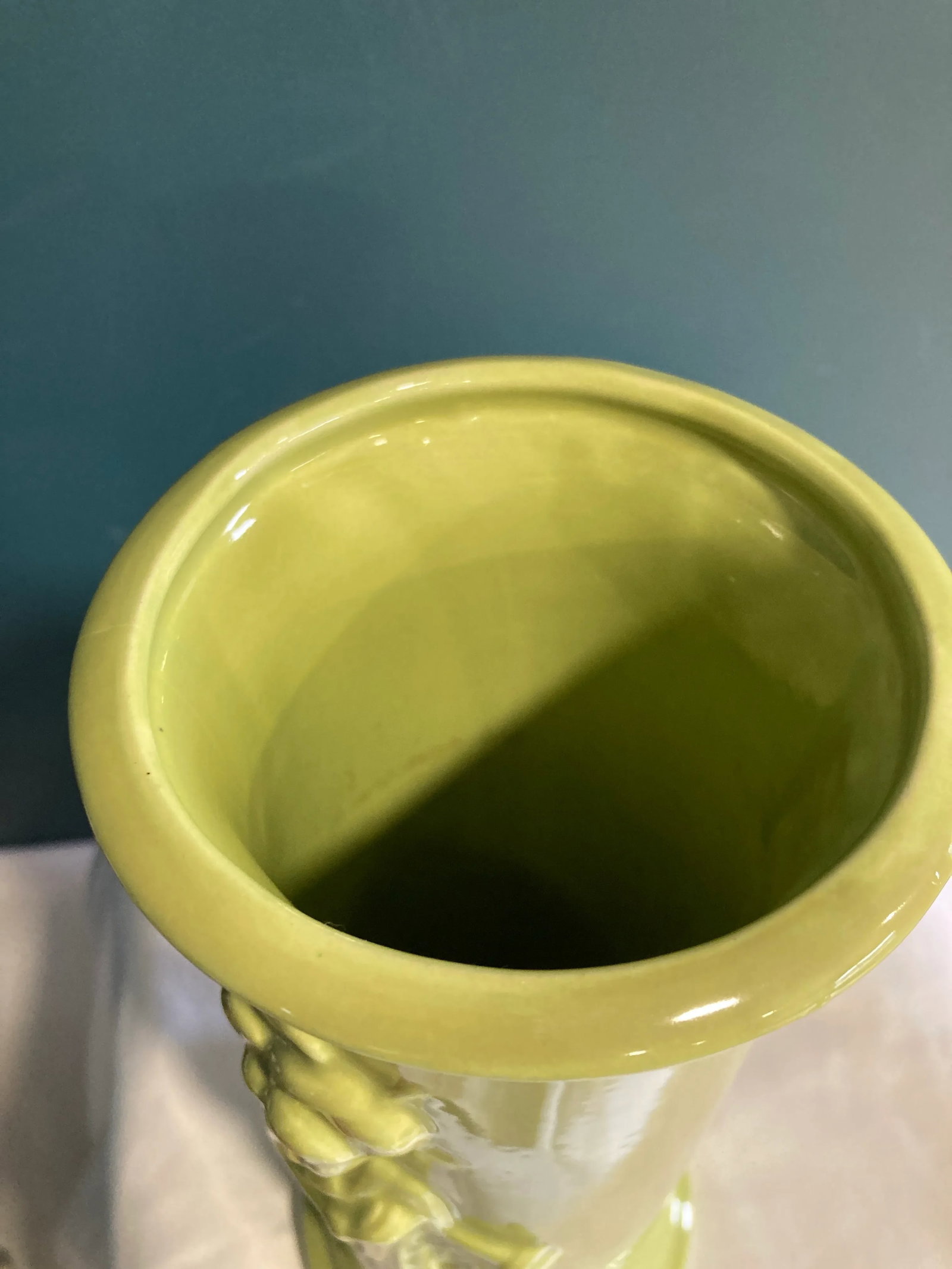 Vintage Chartreuse Green Ceramic Vase With Asian Woman Relief - 3
