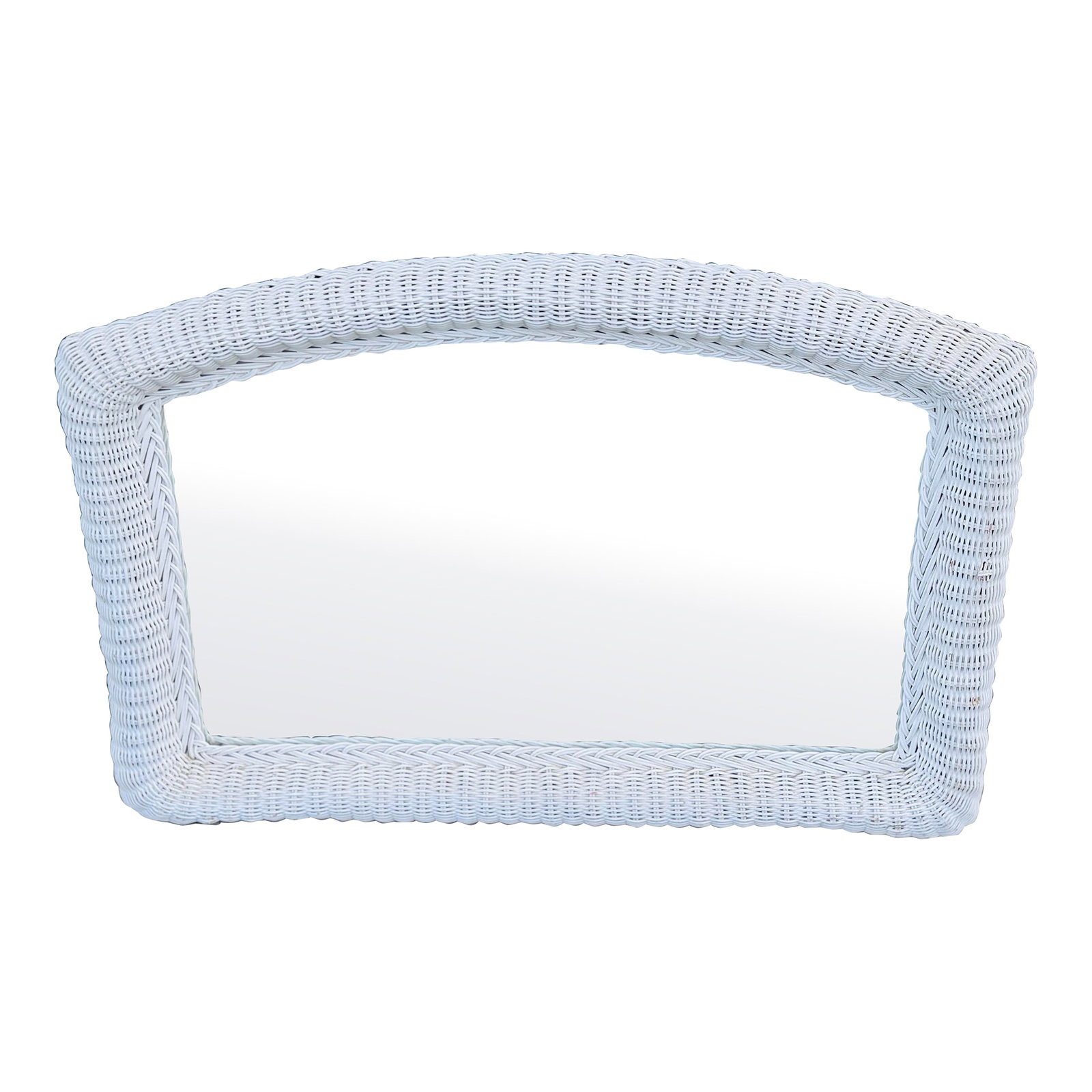 Vintage 1970s White Wicker Wall Mirror: Vintage 1970s White Wicker Wall Mirror. The mirror top is half rounded. Comes with hardware. No marks. Condition: Alterations: Original Condition Unaltered Imperfections: Some Imperfections Condition