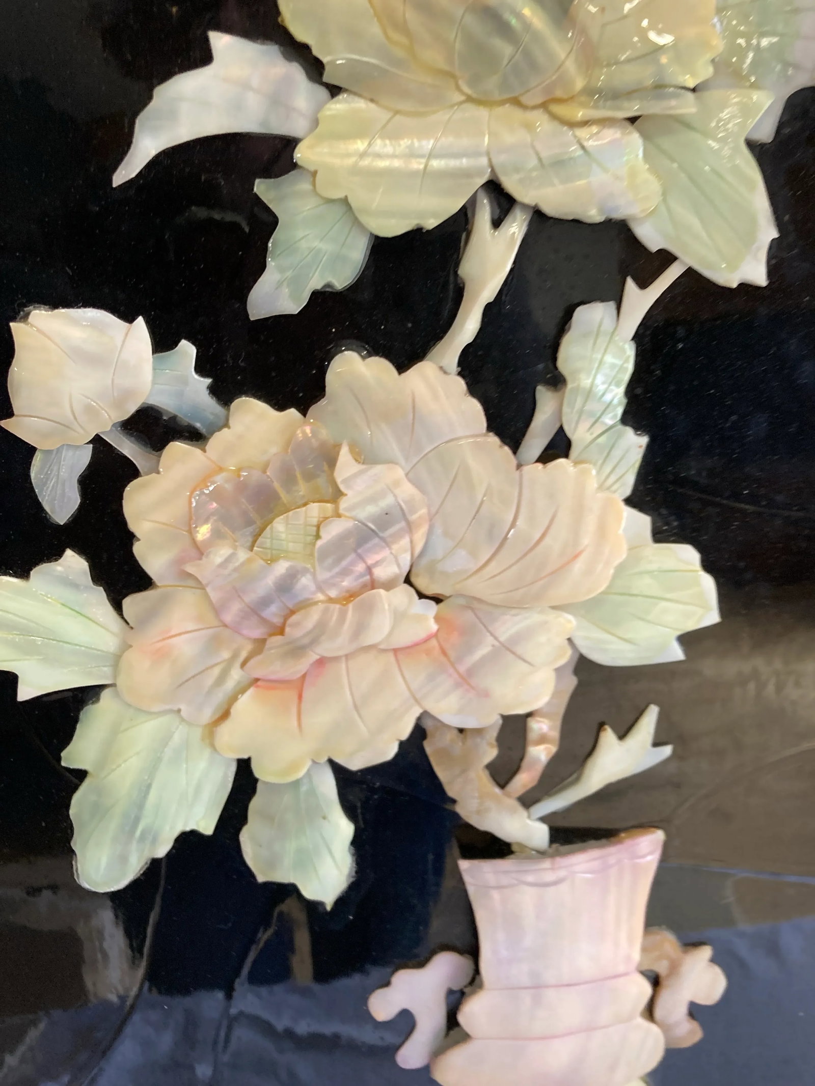 1960s Asian Chinoiserie Mother of Pearl Wall Panel With Black Lacquer - 11