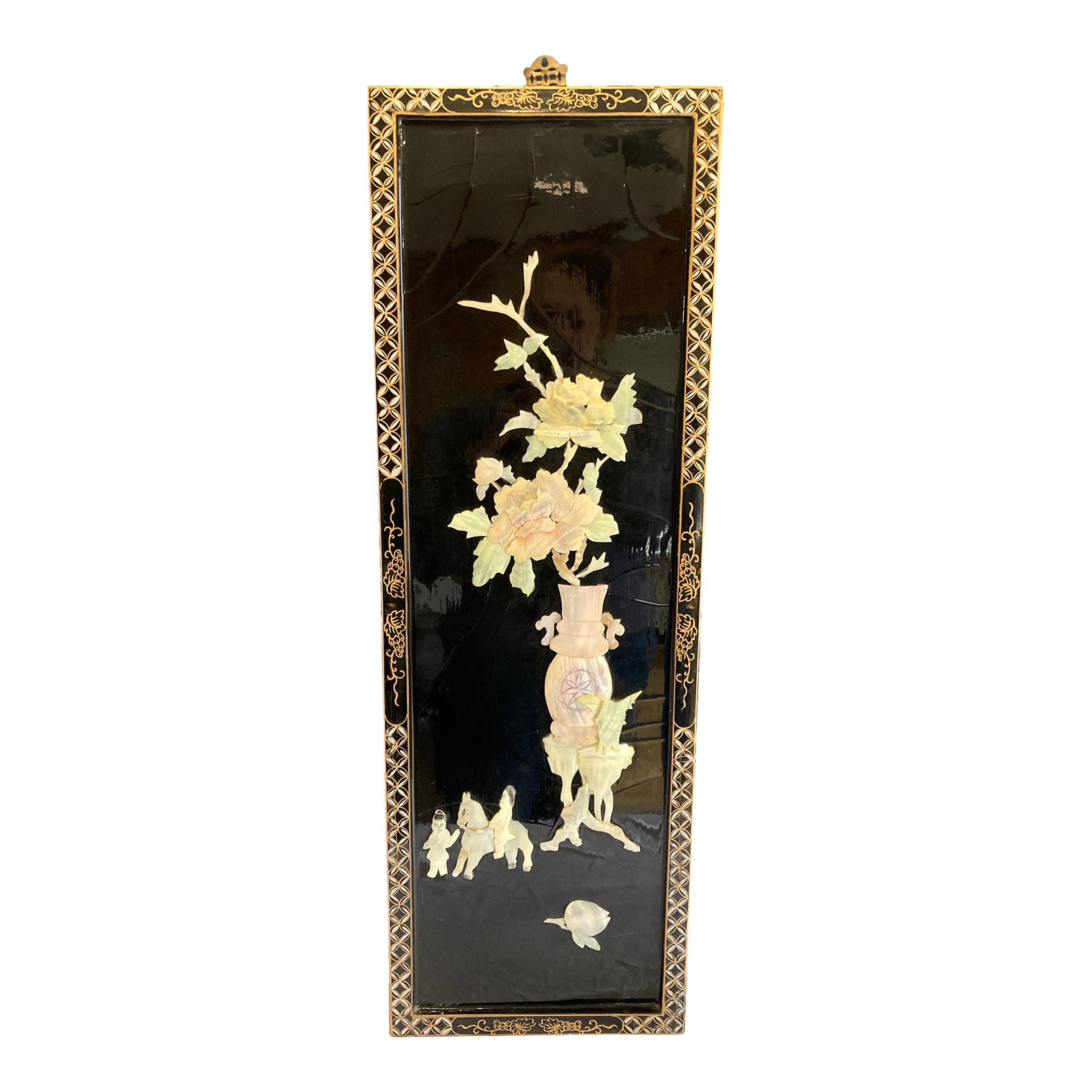 1960s Asian Chinoiserie Mother of Pearl Wall Panel With Black Lacquer: Beautiful mother of pearl scene with a vase, flowers and two people with a horse. Very nice black lacquer with gold painted edges Condition: Alterations: Original Condition Unaltered Imperfections: So