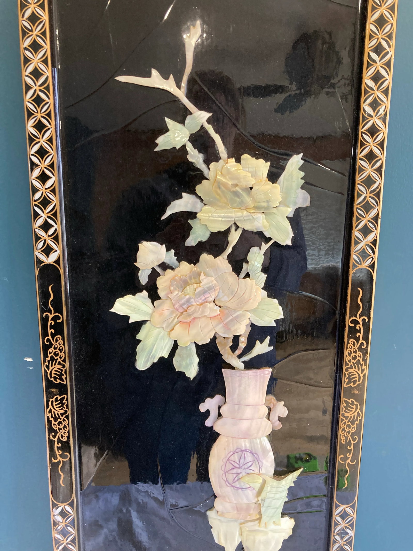 1960s Asian Chinoiserie Mother of Pearl Wall Panel With Black Lacquer - 9
