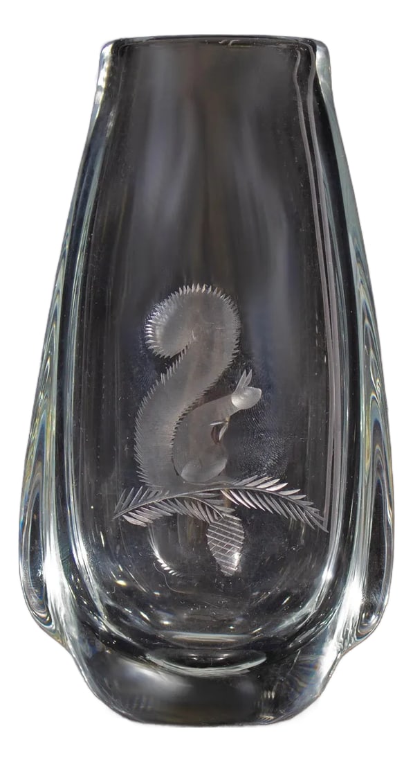 Kosta Swedish Glass Vase With Etched Squirrel: A Swedish glass vase designed for Kosta. This tapered glass vase has an etched design of a squirrel perched on a branch. Marked "A 3058" to underside. Condition: Alterations: Original Condition Unalte