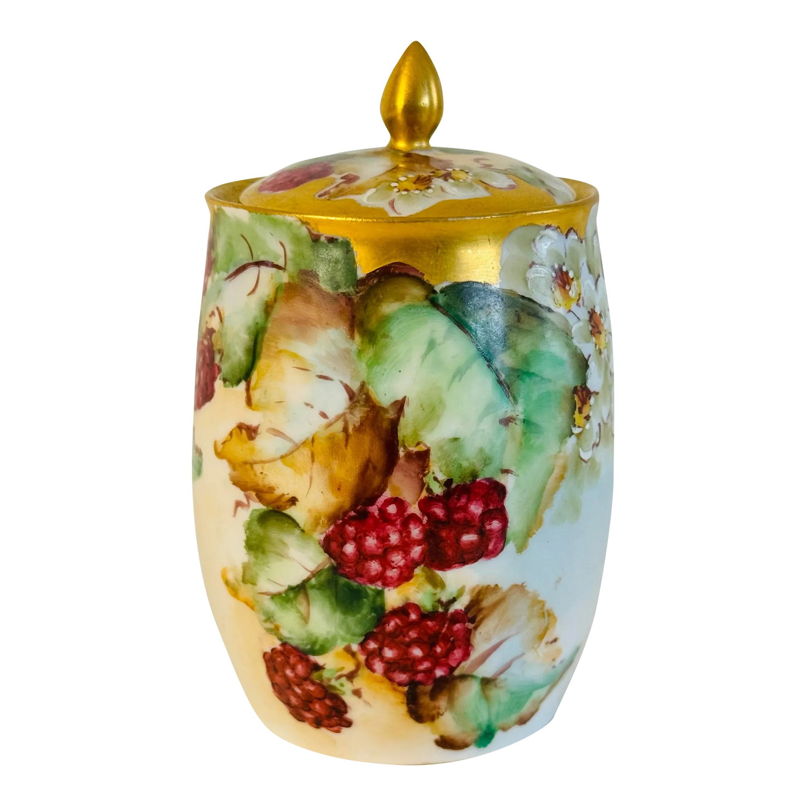 Vintage Limoges France Handpainted Condiment Jar: Vintage Limoges France Handpainted Condiment Jar with rasberries and flowers. Marked J&C Ovid. Wonderful condition, for a delicate piece of Limoges. Condition: Alterations: Original Condition Unaltere