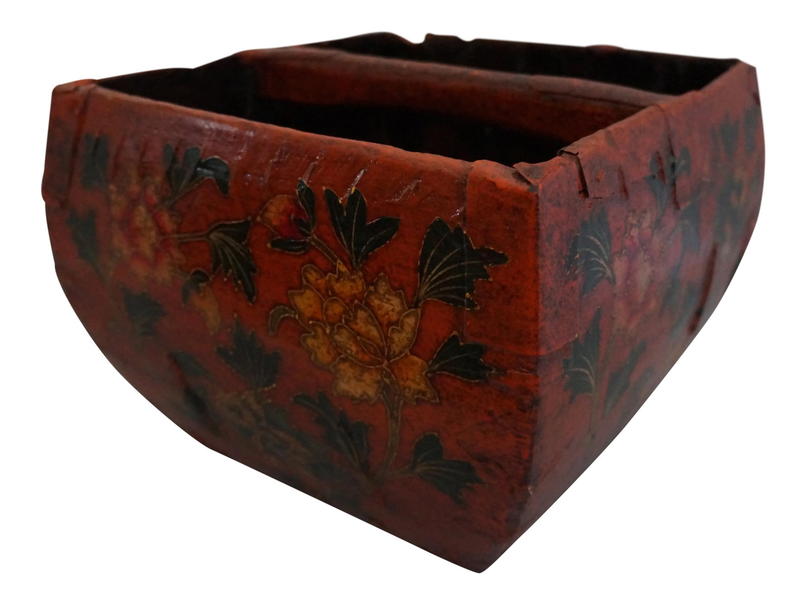 Chinese Painted Red Lacquer Grain Measure Container: The object is called a "dou", an official grain measure in China. It is made of wood and reinforced with metal strips. With the introduction of scales and later digital scales, these traditional measu