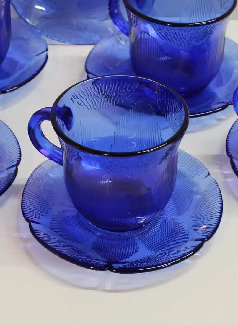 Forte Crisa Blue Glass Sunflower Cups and Saucers- 11 Pieces - 2