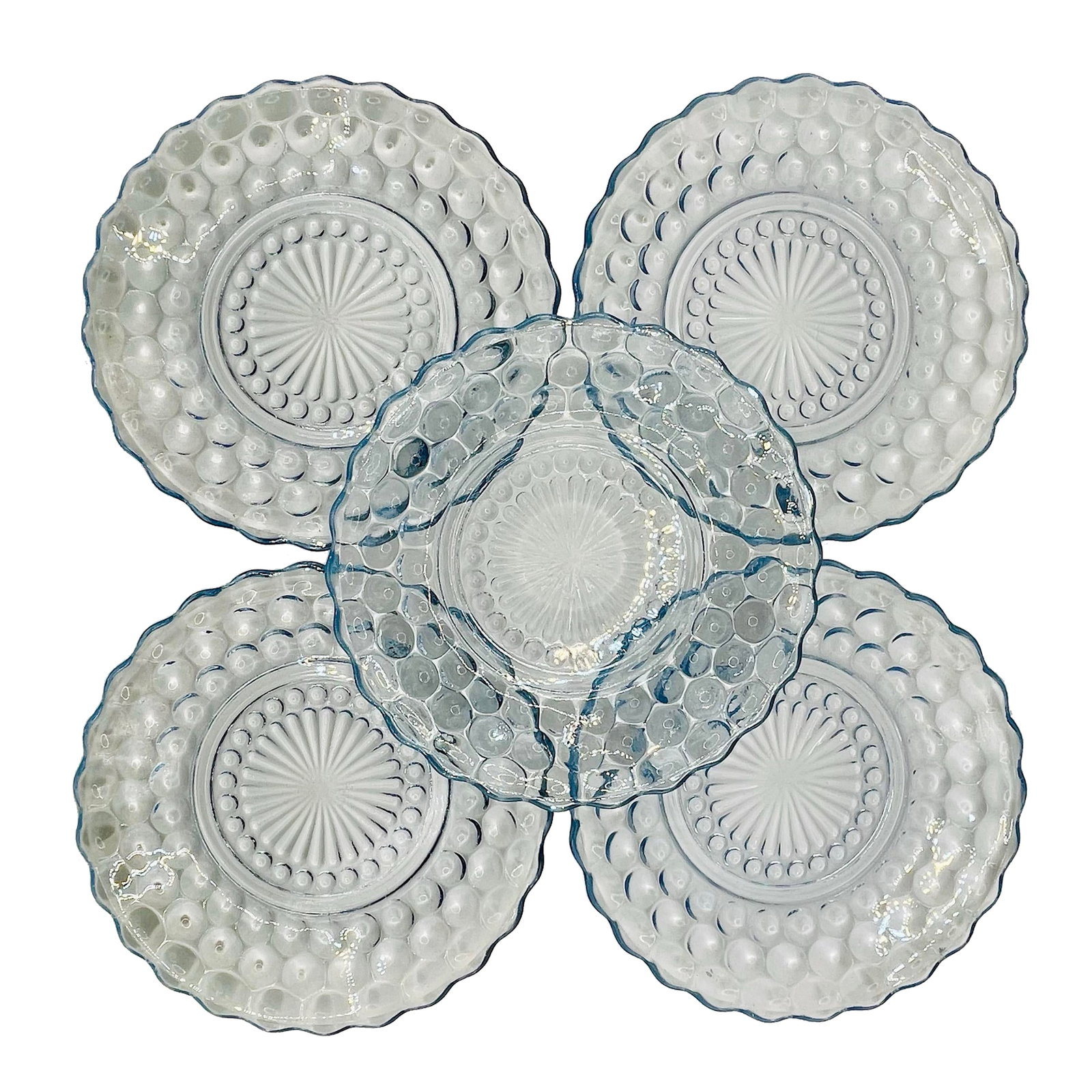1930s Pale Blue Bubble Dessert Plates- Set of 5: A beautiful group of early 20th century pressed glass plates in the bubble pattern made by the Anchor Hocking Glass Company in Lancaster, Ohio. Ships within 1-2 days using USPS. All items packed with