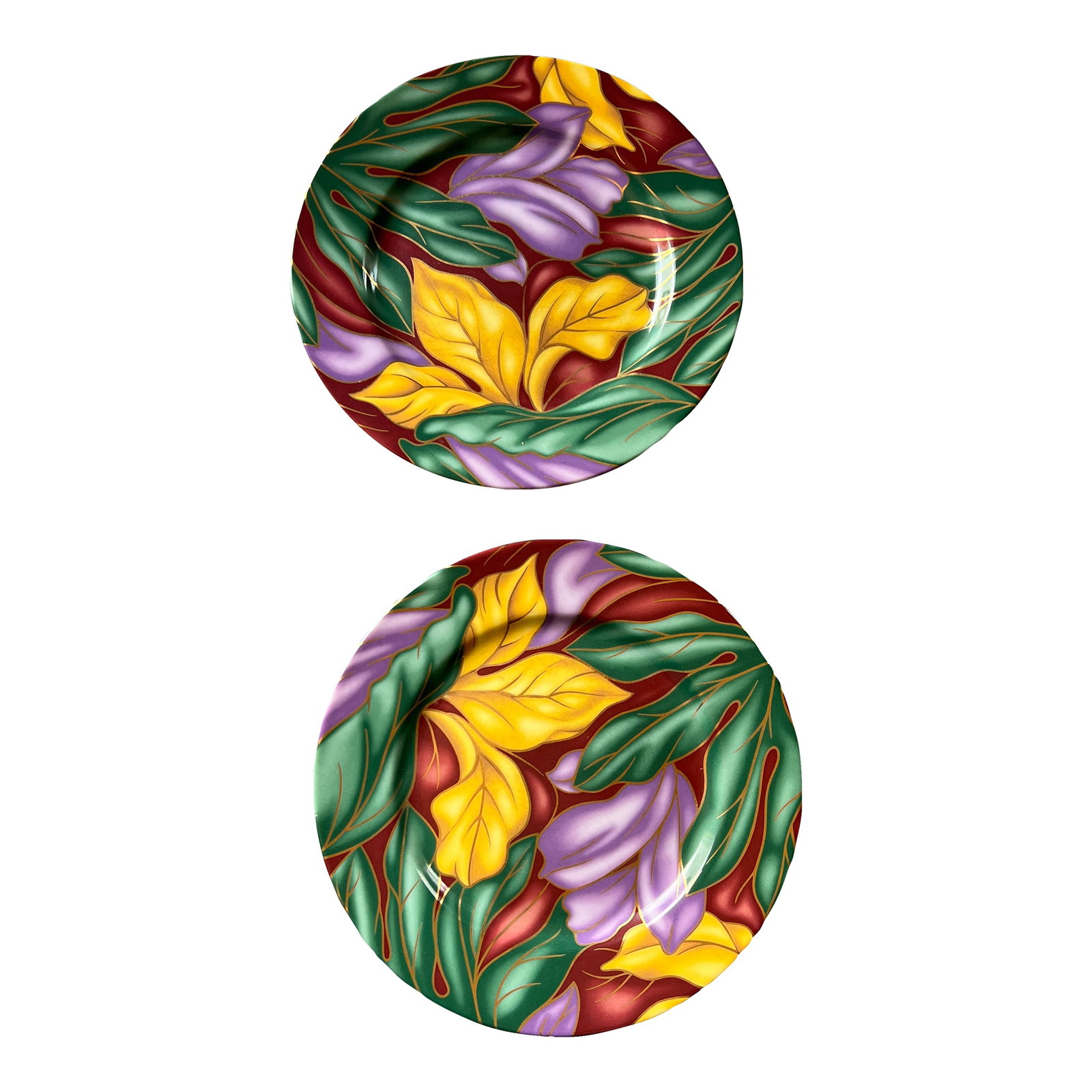Vintage Fitz and Floyd Tropical Pattern Bread Plates- A Pair: Set of bread or salad plates from Fitz and Floyd. Vibrant multicolored Cloisonne' Tropicana pattern. Features bold floral leaves in gold, purple, burgundy, and green. Fine Porcelain, Made in Japan.