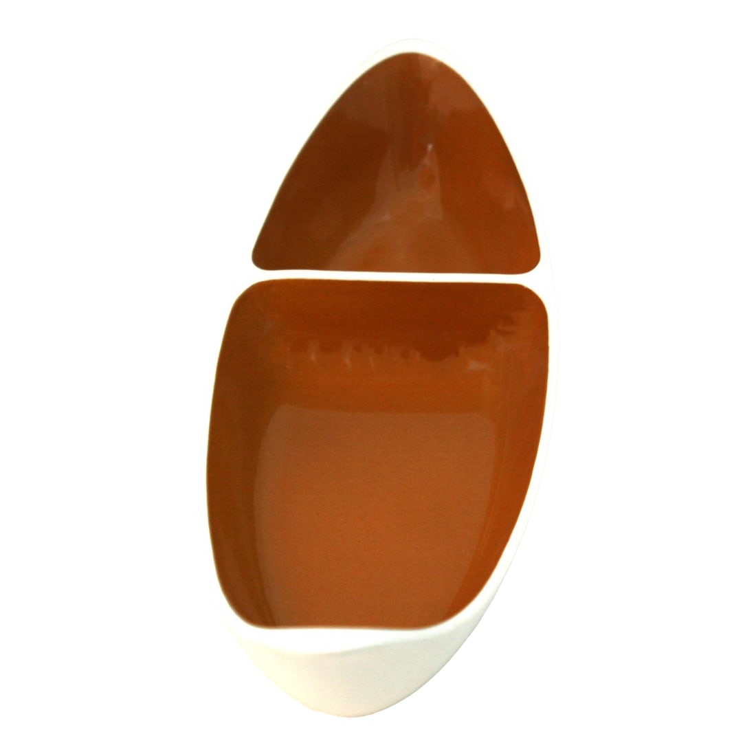 Mid Century Modern Ceramic White & Rust Taylor Smith Boat Shaped Divided Bowl: Vintage 1960s Taylor Smith & Taylor Ceramic Boat-Shaped Divided Serving Bowl This mid century modern divided bowl was produced by Taylor Smith & Taylor in West Virginia during the 1960s. The bowl has 