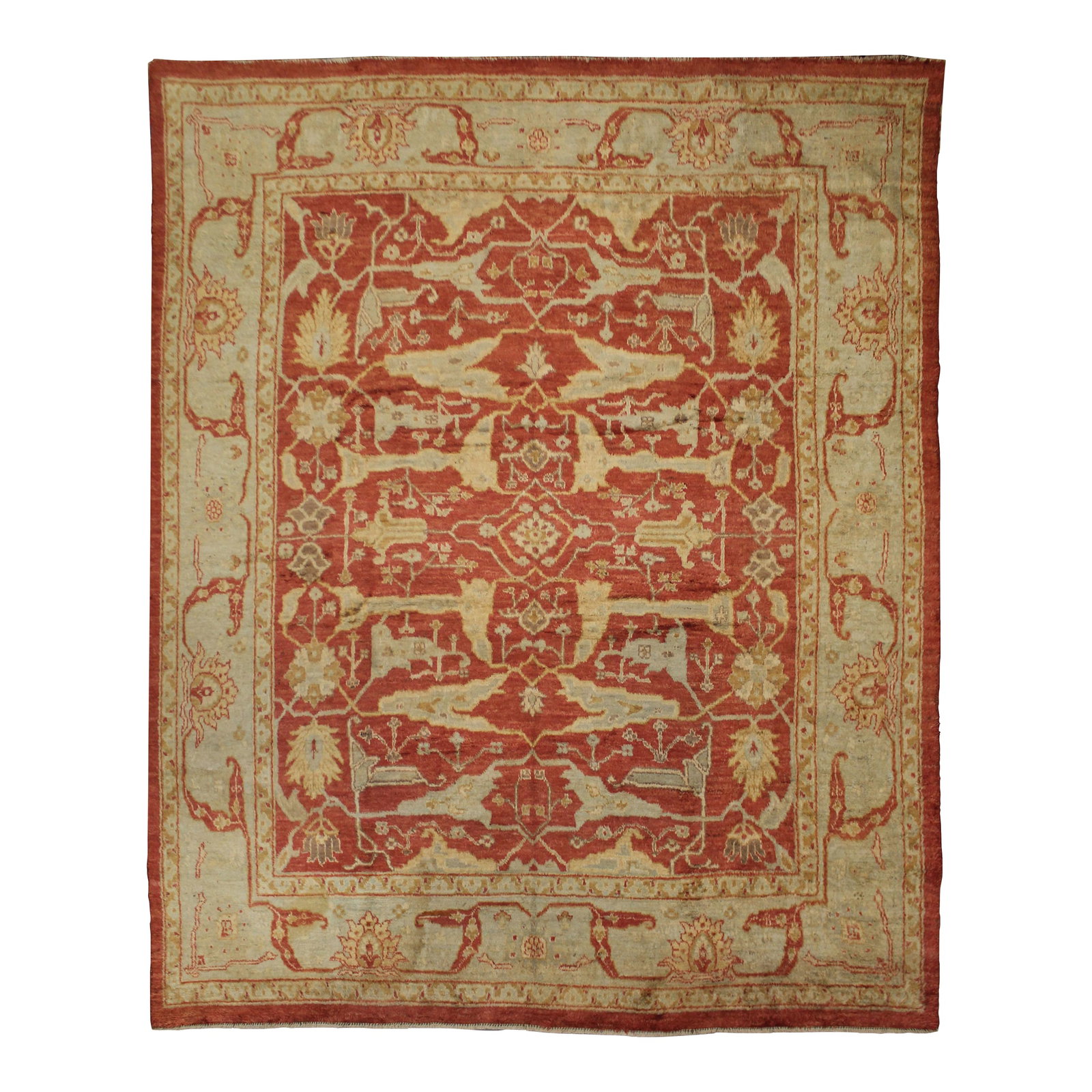 Hand Knotted Oushak Rug- 10'4'' * 13'8'': This stunning Oushak design rug is made of 75% wool & 25% cotton, dyed with pigment from vegetable, it's originally a Turkish design, but reproduced in Afghanistan. This extremely gorgeous rug is an