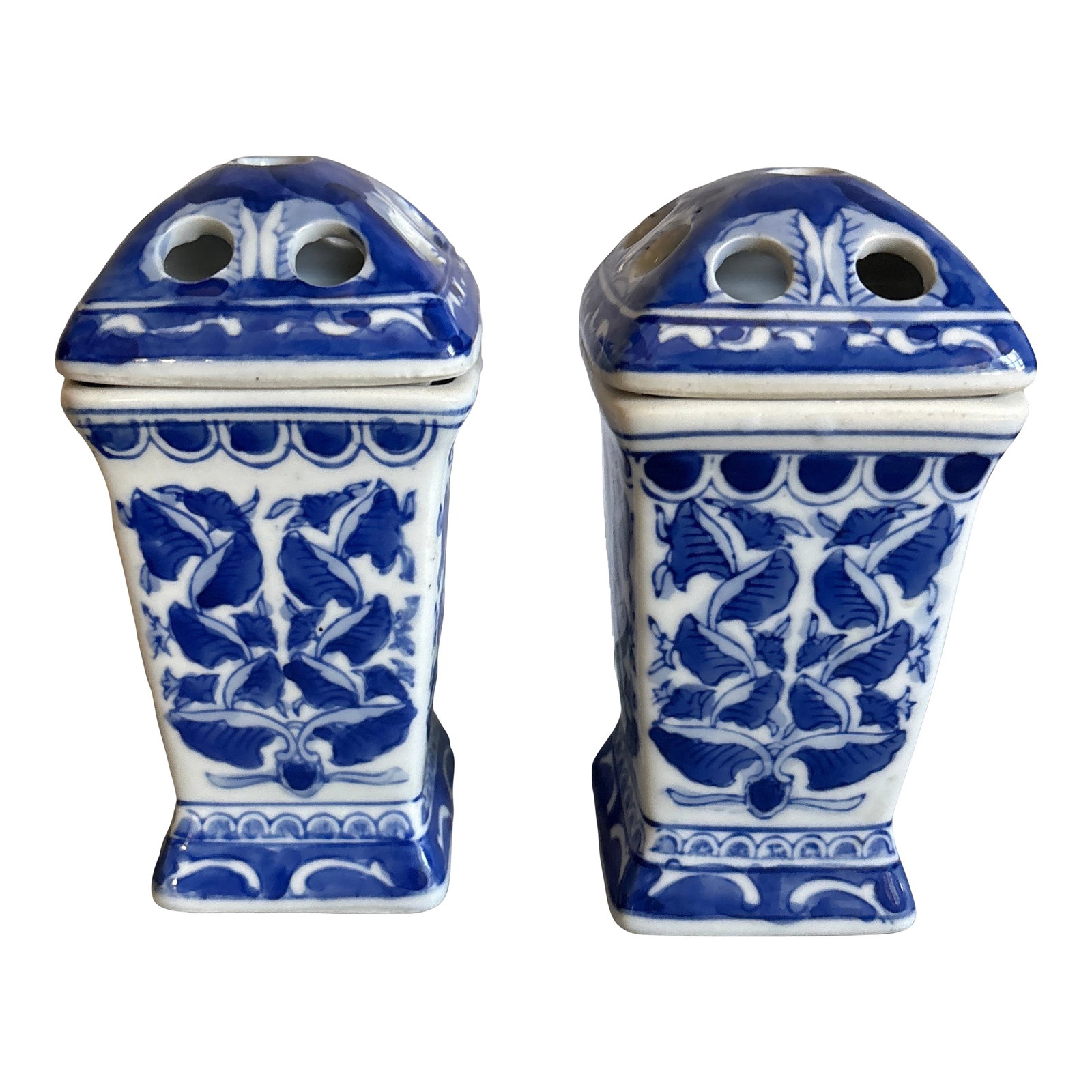 1990s Bombay Company Blue & White Porcelain Flower Floral Frog Vases - A Pair: A pair of vintage Bombay & Company blue and white Chinoiserie porcelain flower frog vase. No chips or cracks or crazing noted. Condition: Alterations: Original Condition Unaltered Imperfections: Some