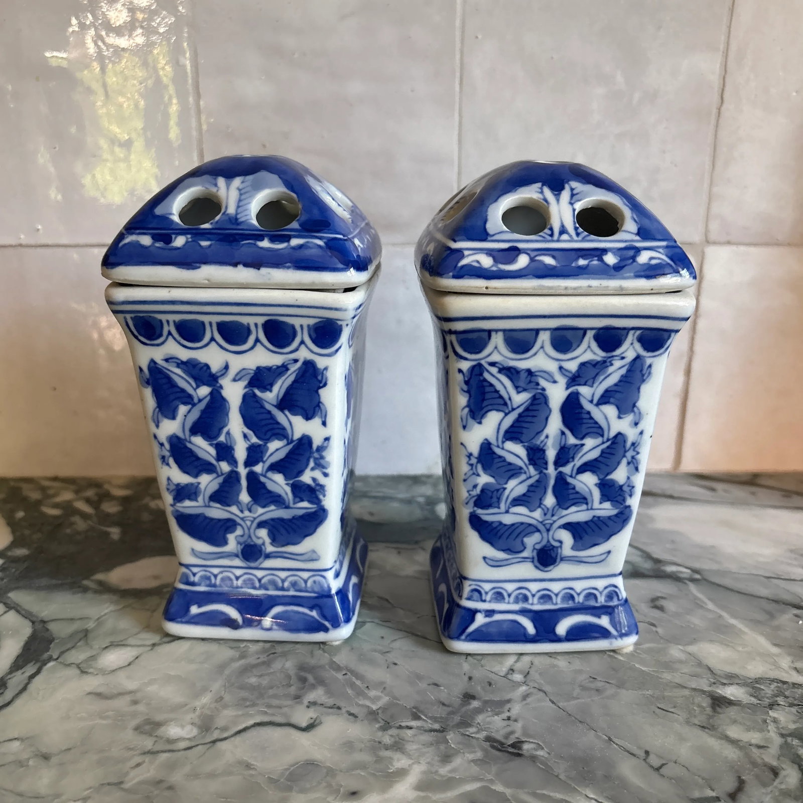 1990s Bombay Company Blue & White Porcelain Flower Floral Frog Vases - A Pair - 2