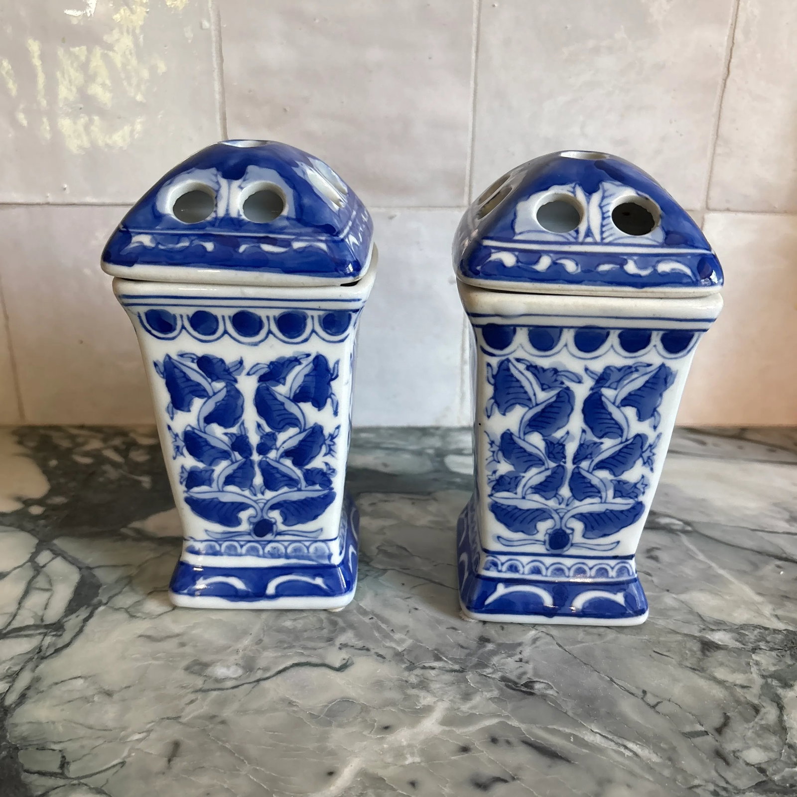 1990s Bombay Company Blue & White Porcelain Flower Floral Frog Vases - A Pair - 3