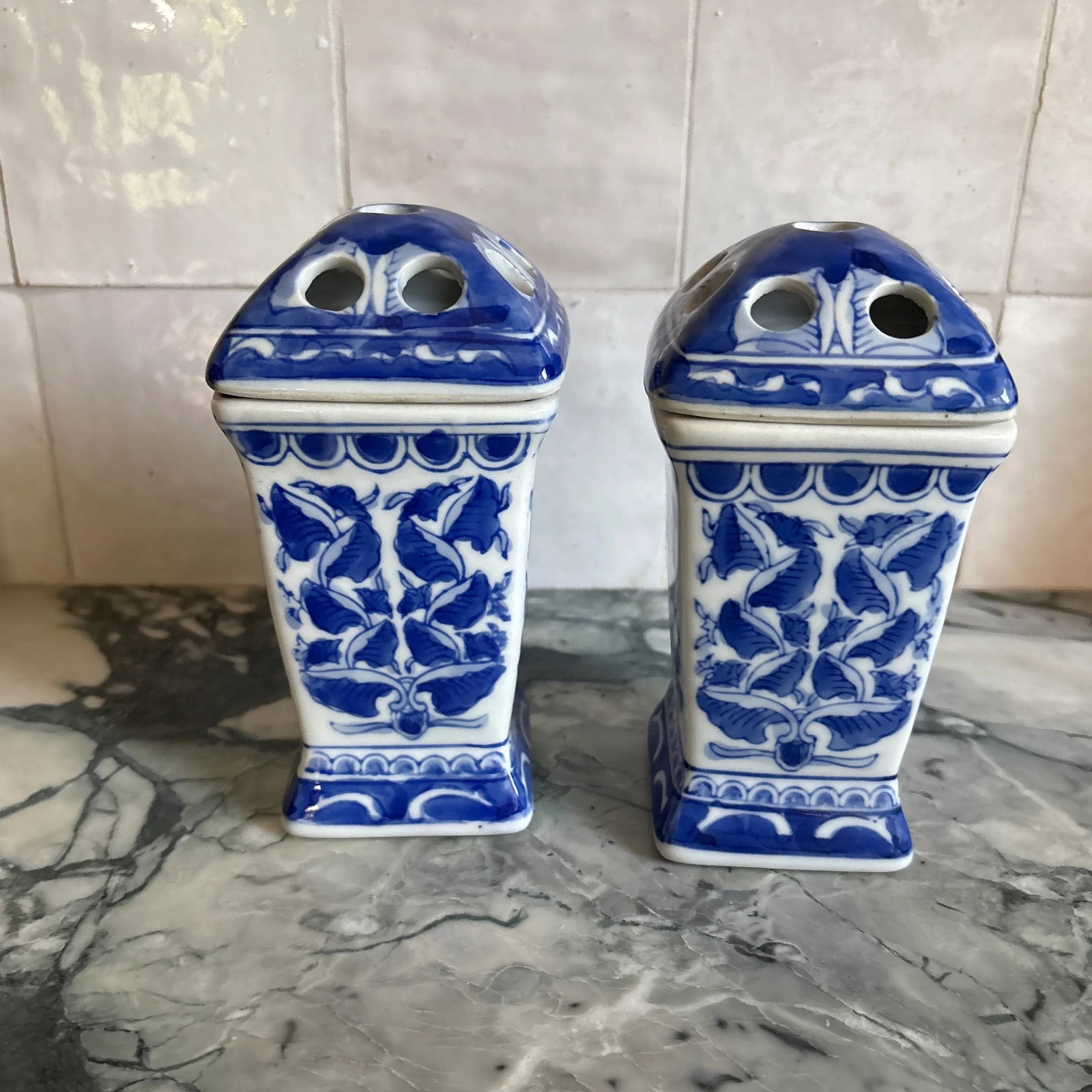 1990s Bombay Company Blue & White Porcelain Flower Floral Frog Vases - A Pair - 4