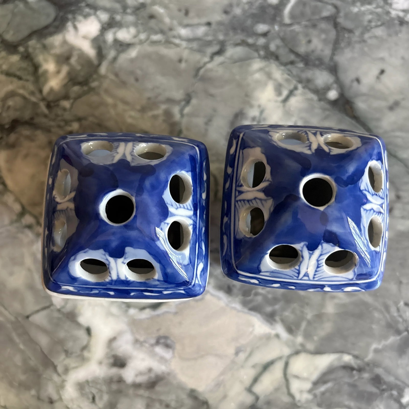 1990s Bombay Company Blue & White Porcelain Flower Floral Frog Vases - A Pair - 5