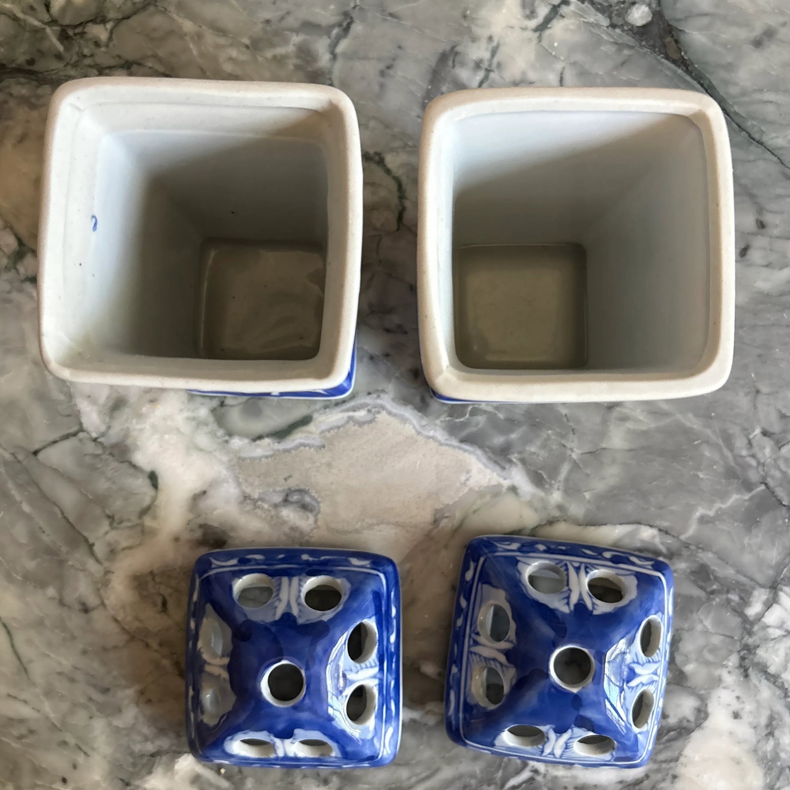 1990s Bombay Company Blue & White Porcelain Flower Floral Frog Vases - A Pair - 6