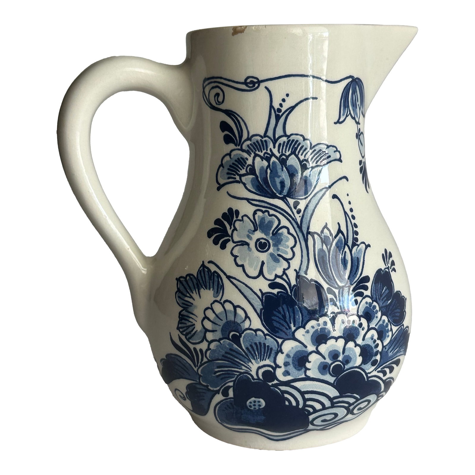 Vintage Mid 20th Century Small Royal Delft Blue & White Floral Ceramic Pitcher: Royal Delft hand painted small pitcher. Blue and white with floral pattern. Approximately 4 1/2" x 5 1/2". Condition: Alterations: Original Condition Unaltered Imperfections: Some Imperfections