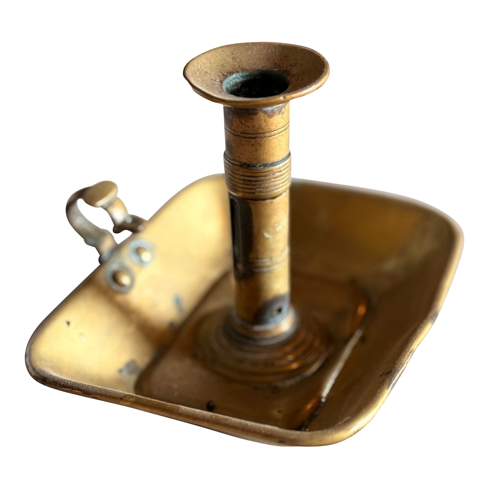 Antique Brass Bedtime Candleholder: Beautiful aged brass with thumb grip and wax collection tray Condition: Alterations: Original Condition Unaltered Imperfections: Needs Restoration Condition Notes: Has some rustic discoloration-green