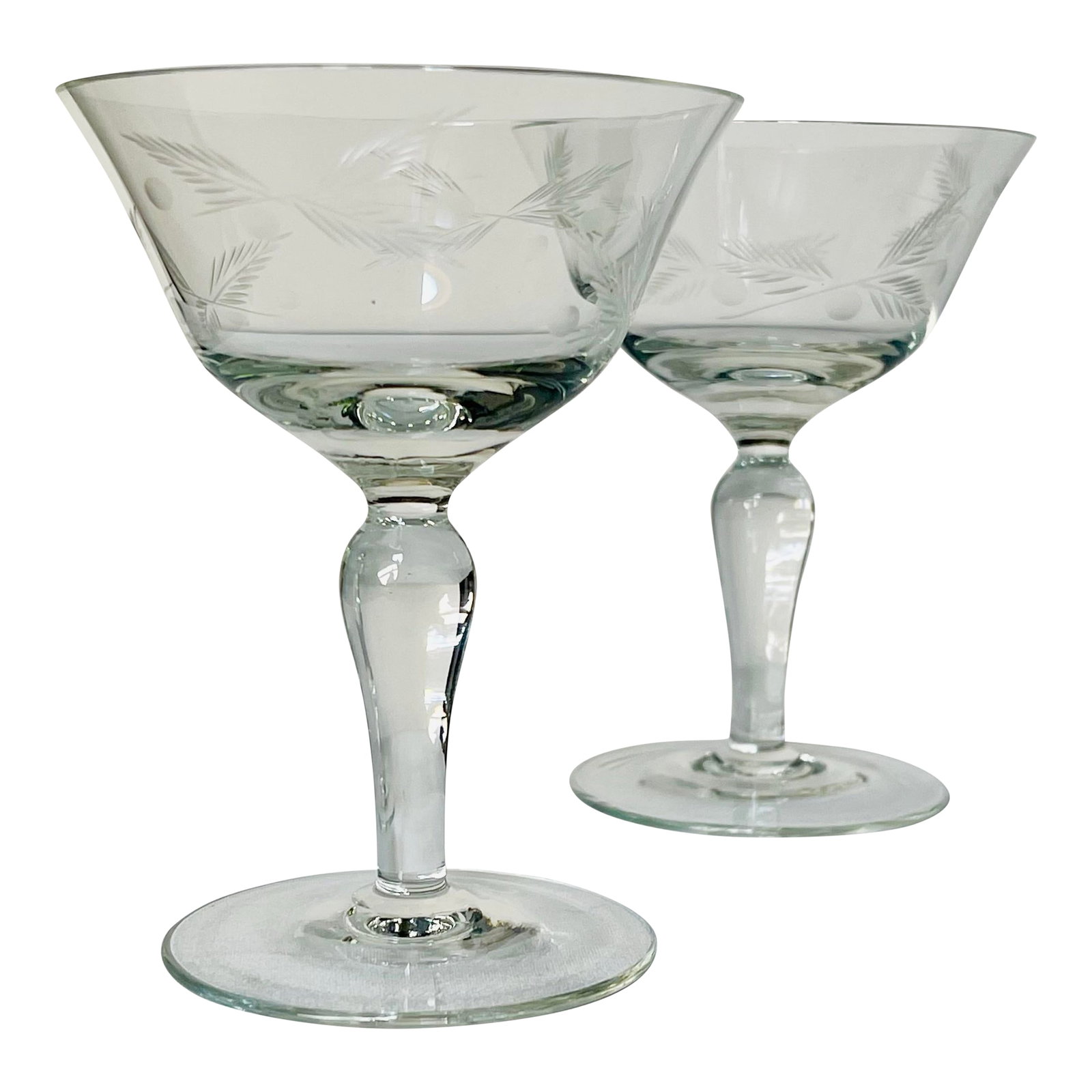 Mid 20th Century Etched Cocktail Glasses - 2 Pieces: A pair of vintage etched cocktail glasses decorated with fern leaves and berries on a rounded stem. Ships within 1-2 days using USPS. All items packed with care. Please contact us with any questions.