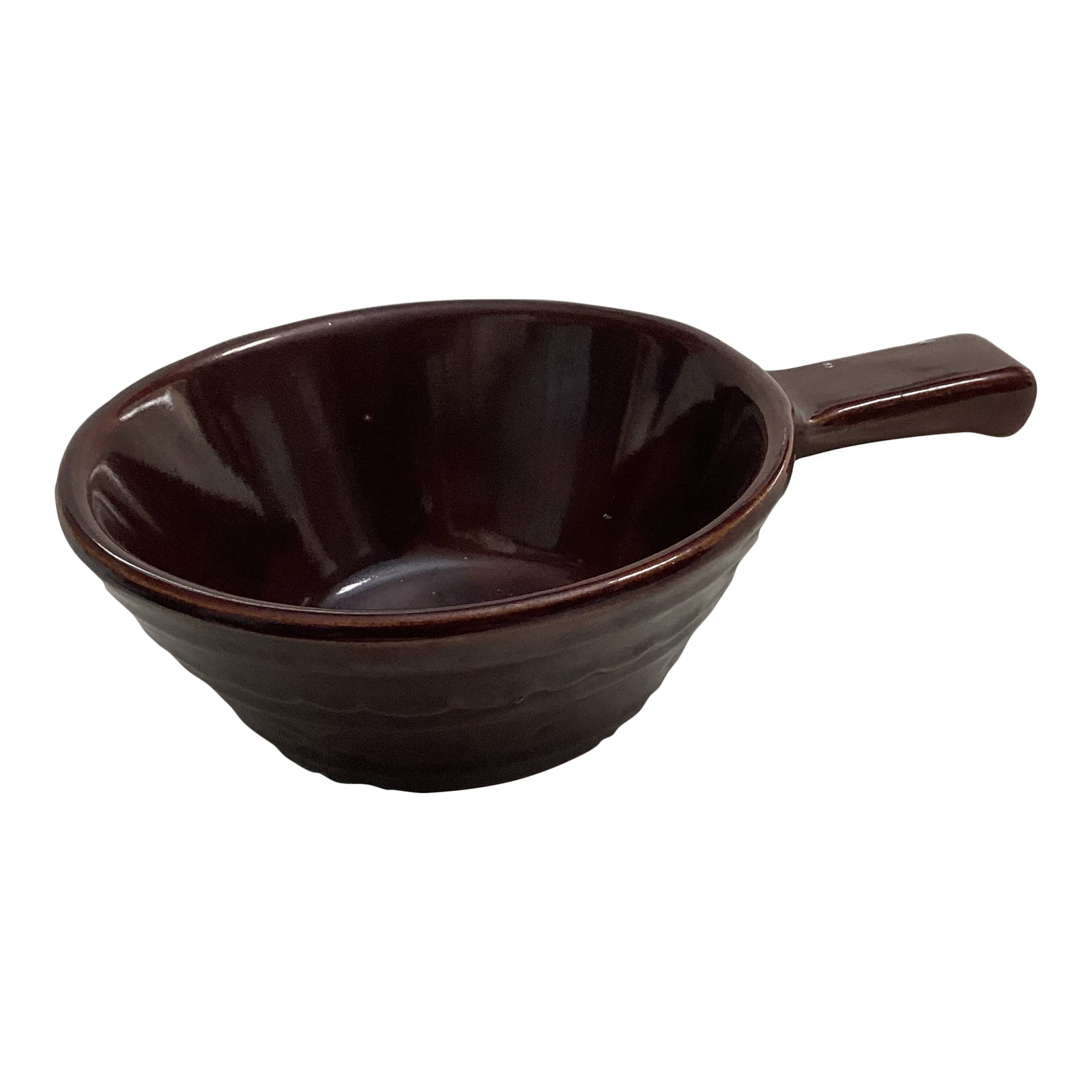1970s Brown Glazed Stoneware Chili Bowl With Handle: This vintage chili bowl is perfect for cold nights or homemade stews. It has a rich glossy brown glaze and a handle for easy serving. It features a classic design with its wide belly. Condition: