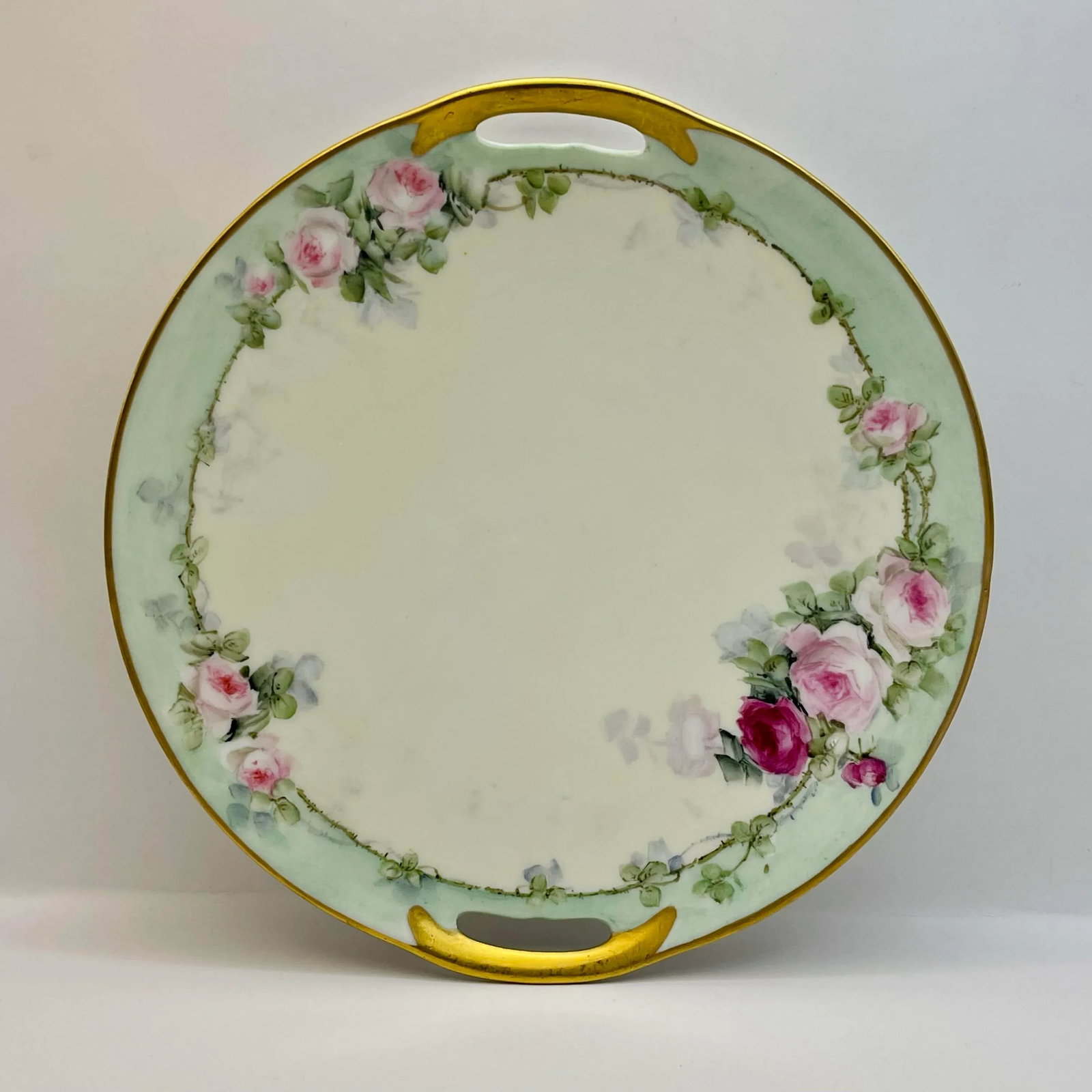 Early 20th Century Mint & Pink Pastel Rose Plate - 2