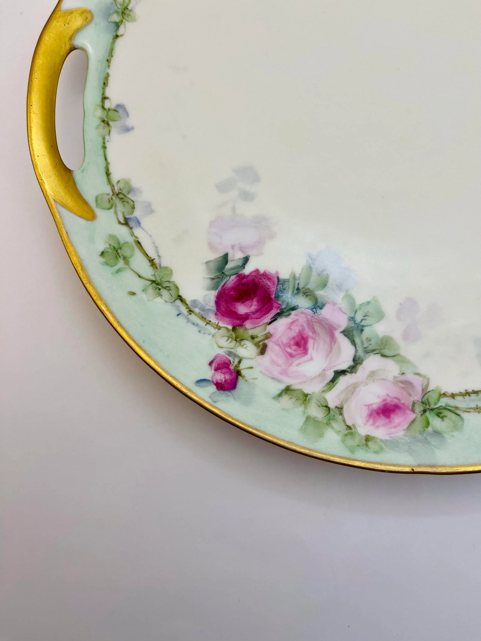 Early 20th Century Mint & Pink Pastel Rose Plate - 3