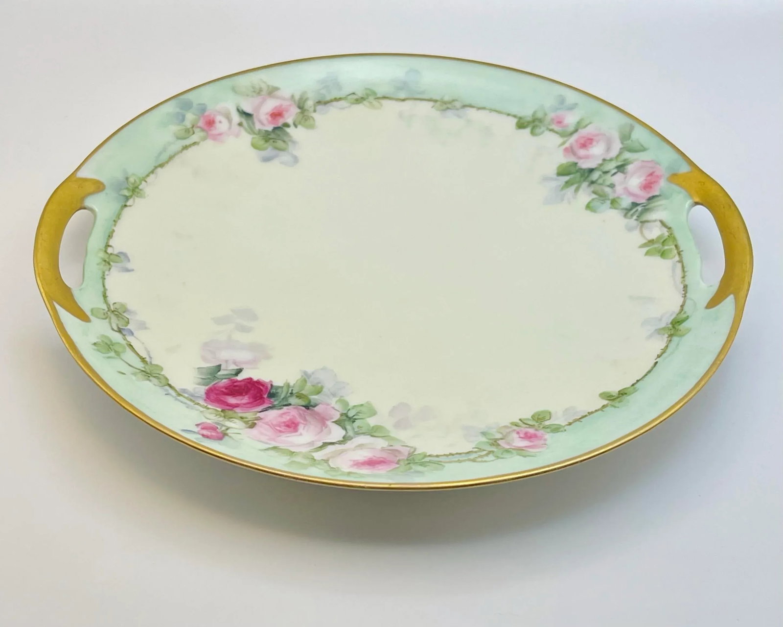 Early 20th Century Mint & Pink Pastel Rose Plate - 4