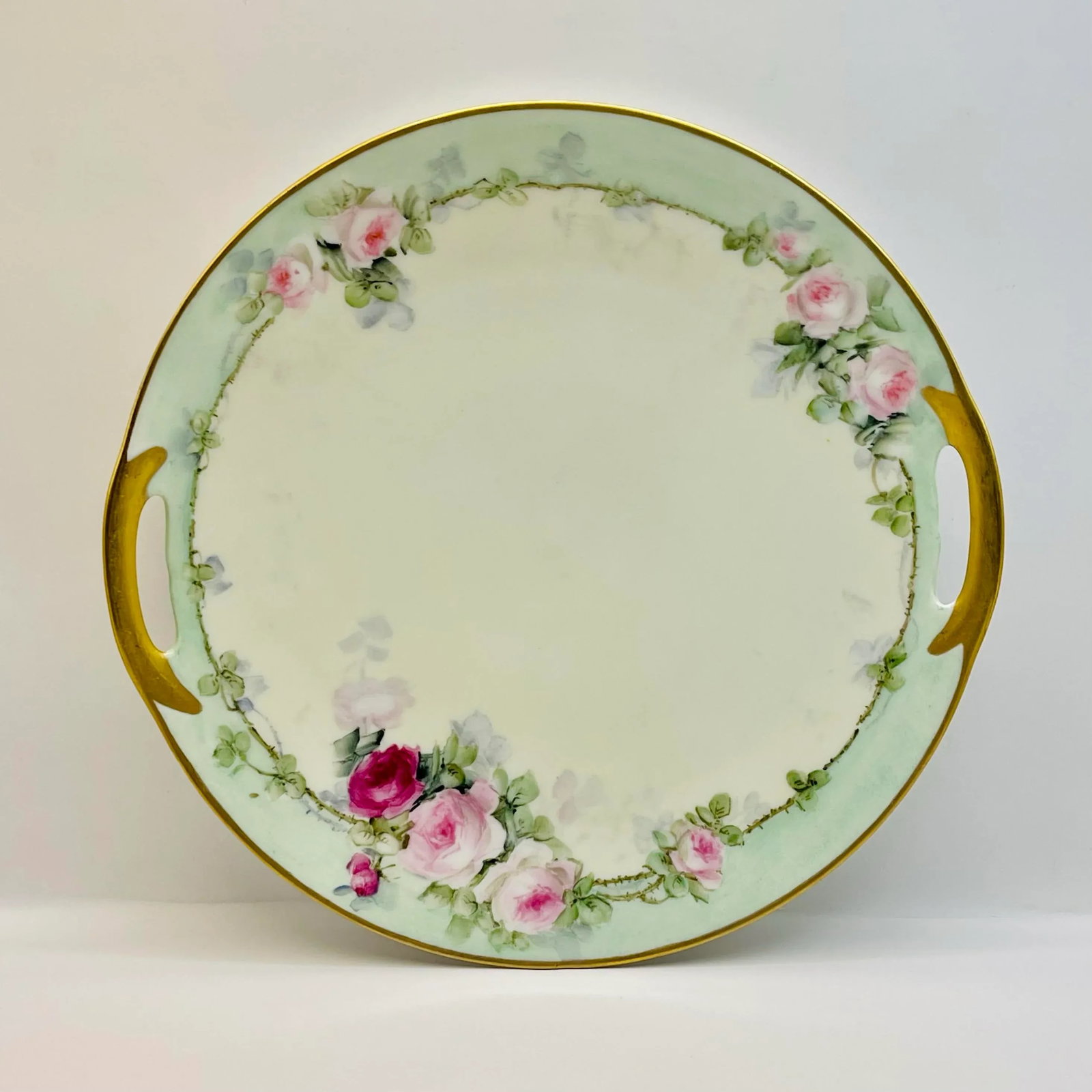 Early 20th Century Mint & Pink Pastel Rose Plate - 6
