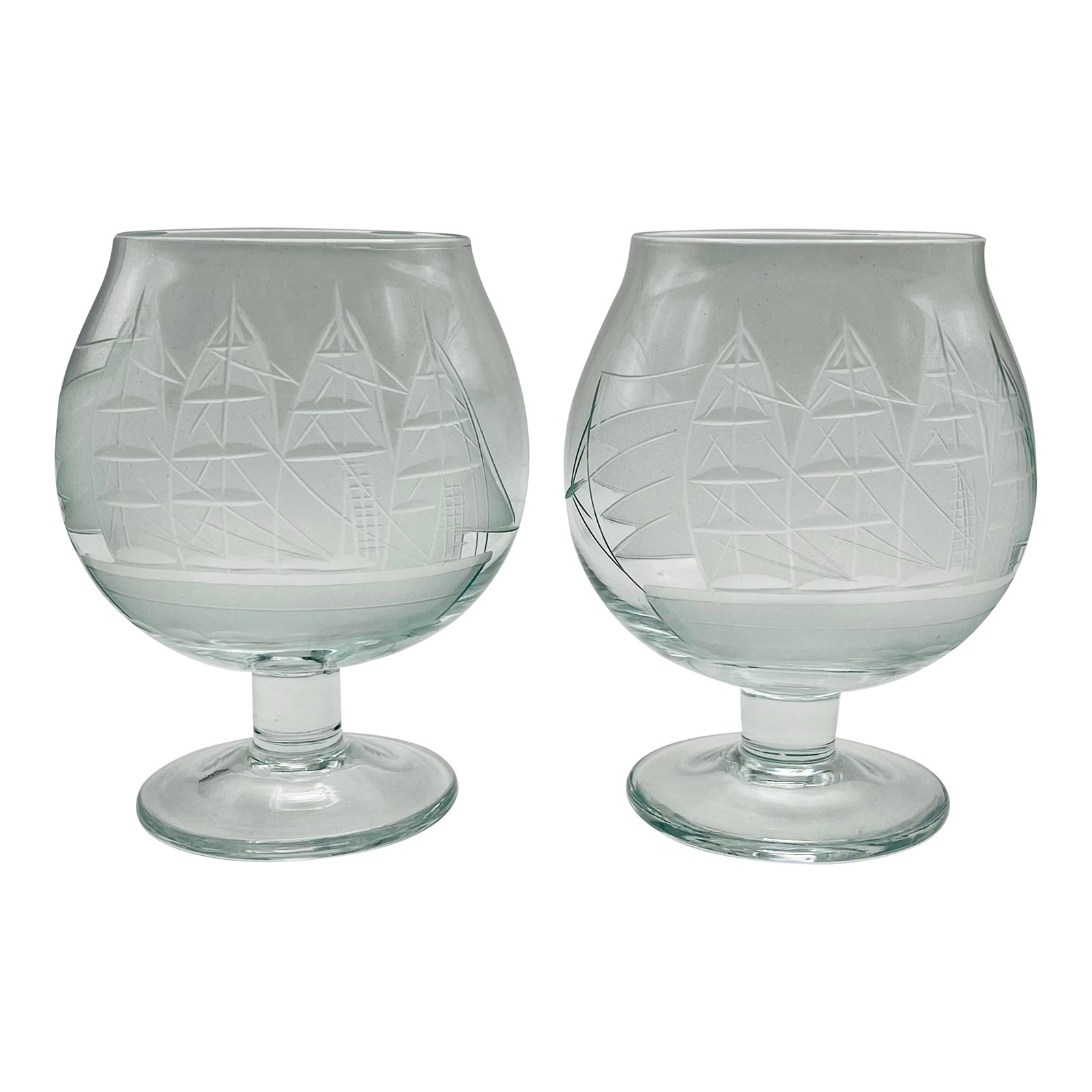Mid 20th Century Etched Sailing Ship Miniature Brandy Glasses- A Pair: A pair of hand etched small brandy snifters, a perfect size for tastings or for a quiet evening book accompaniment. Ships within 1-2 days using USPS. All items packed with care. Please contact us