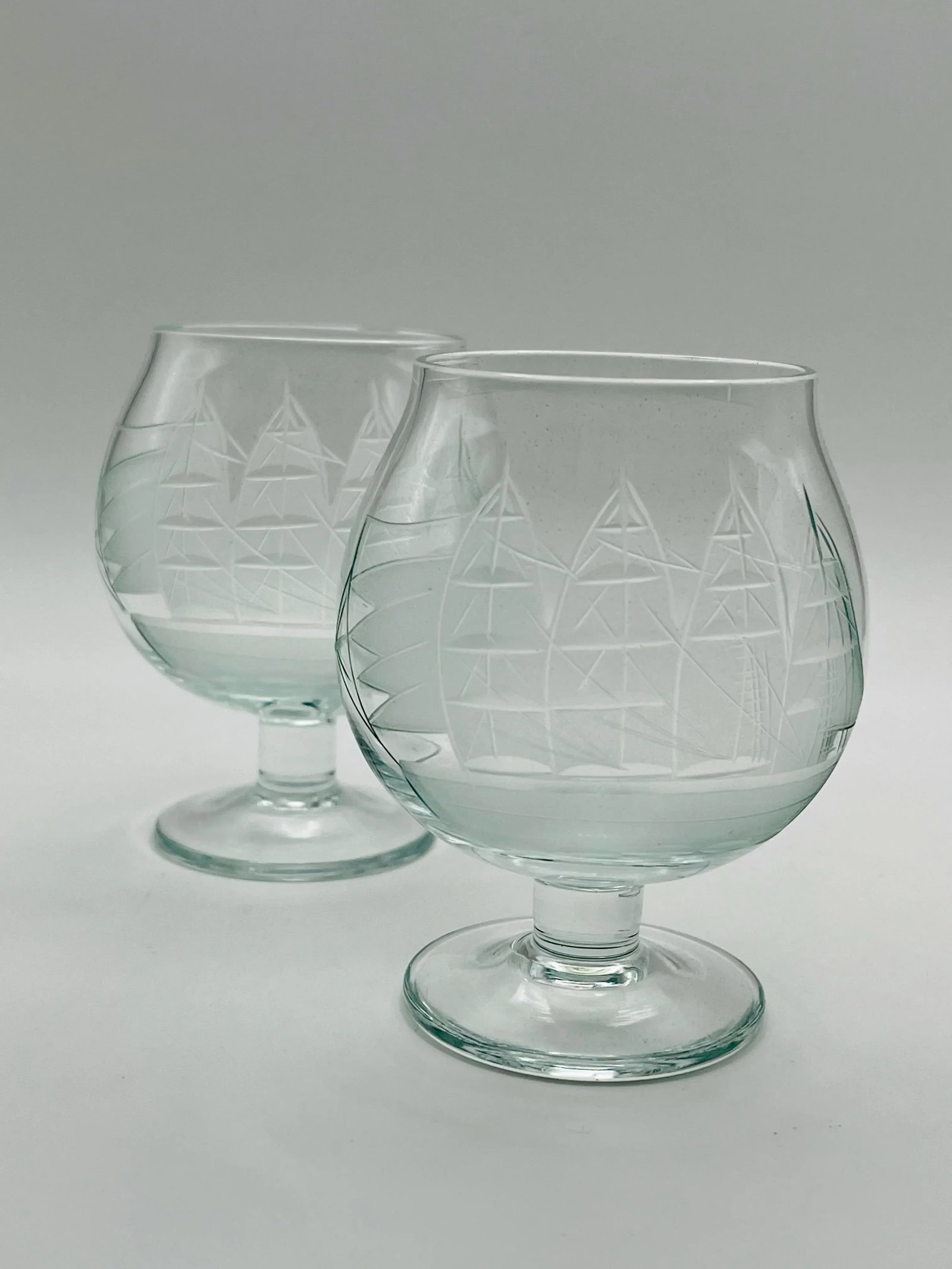 Mid 20th Century Etched Sailing Ship Miniature Brandy Glasses- A Pair - 2