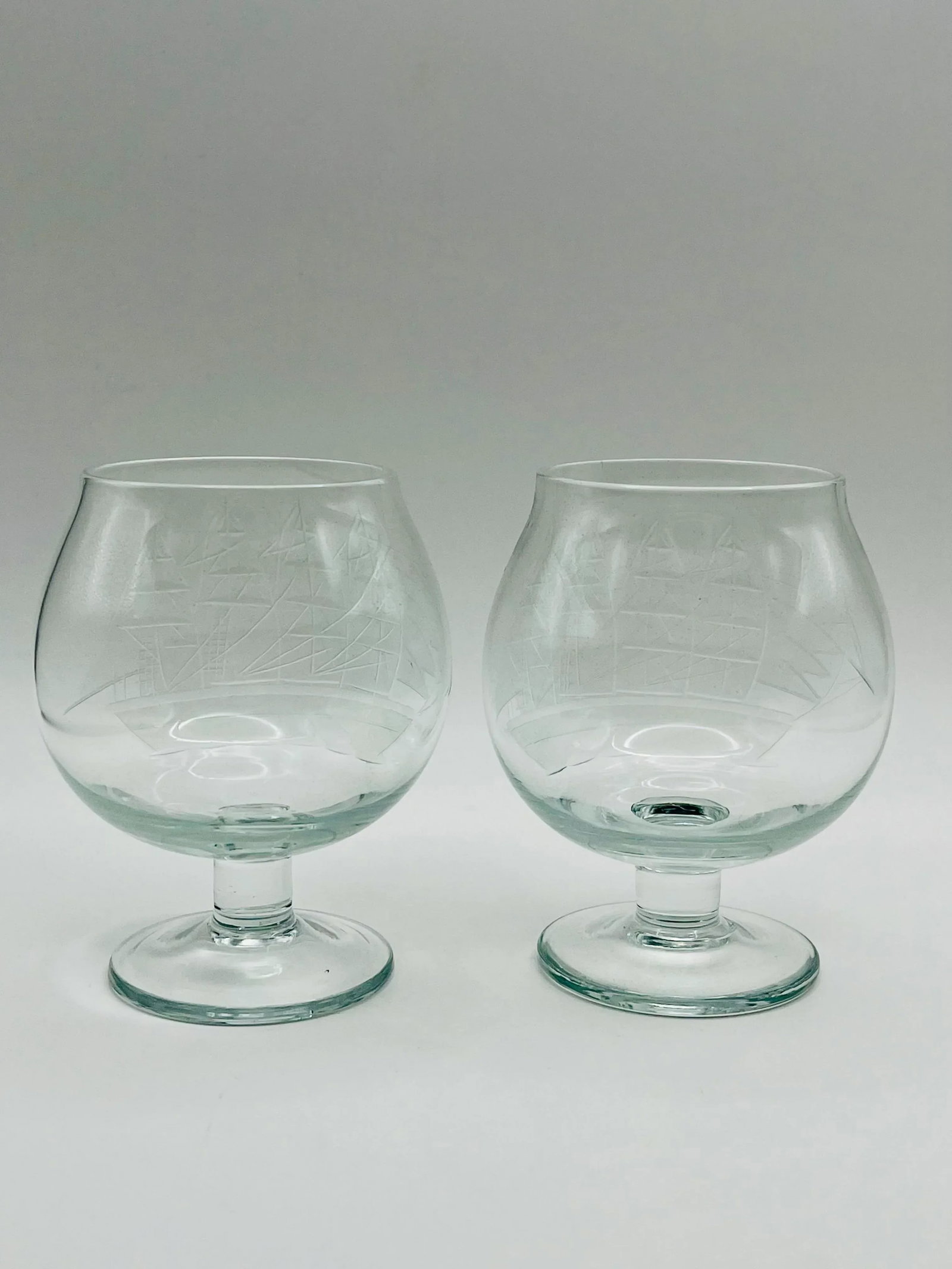 Mid 20th Century Etched Sailing Ship Miniature Brandy Glasses- A Pair - 3