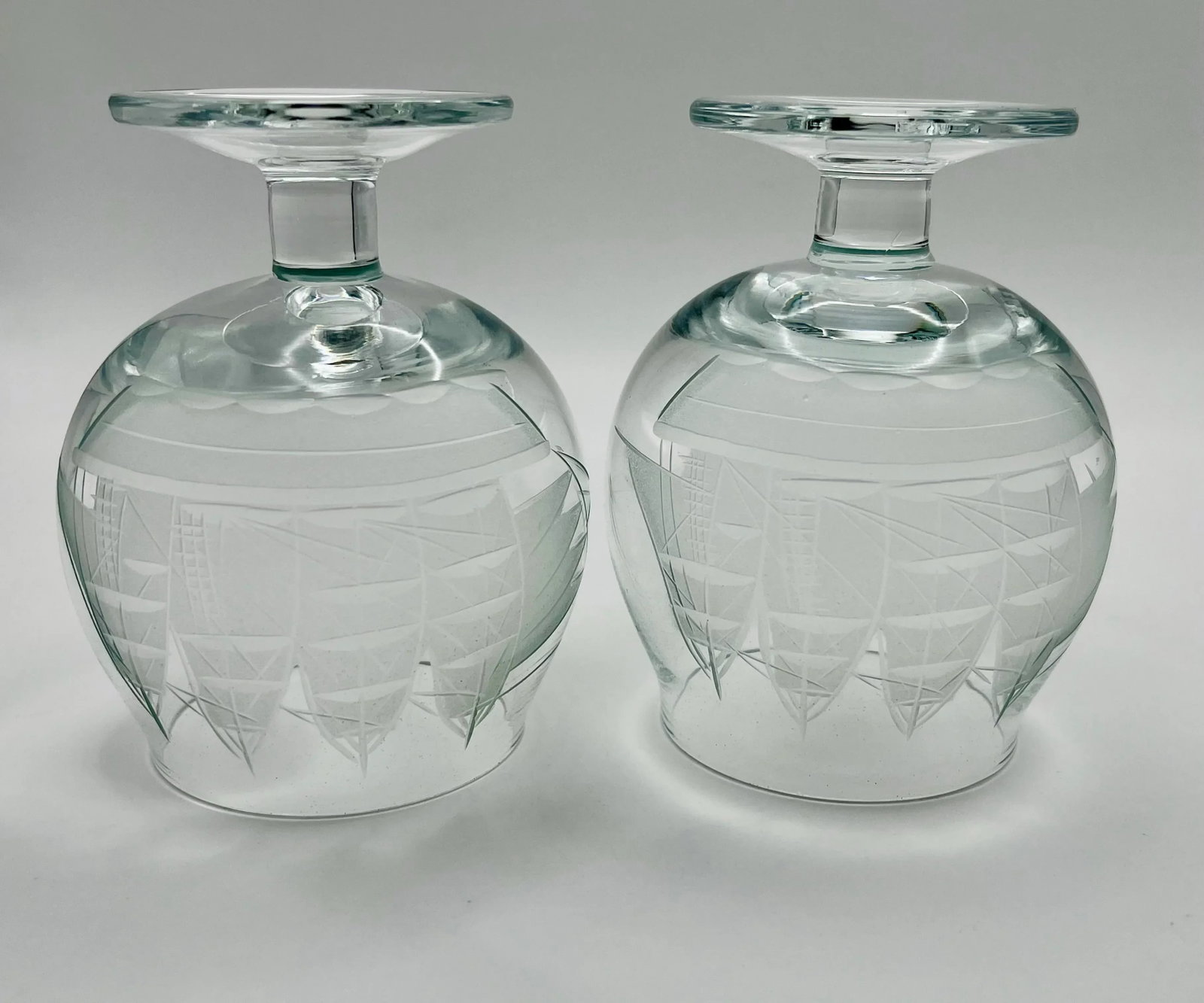 Mid 20th Century Etched Sailing Ship Miniature Brandy Glasses- A Pair - 4