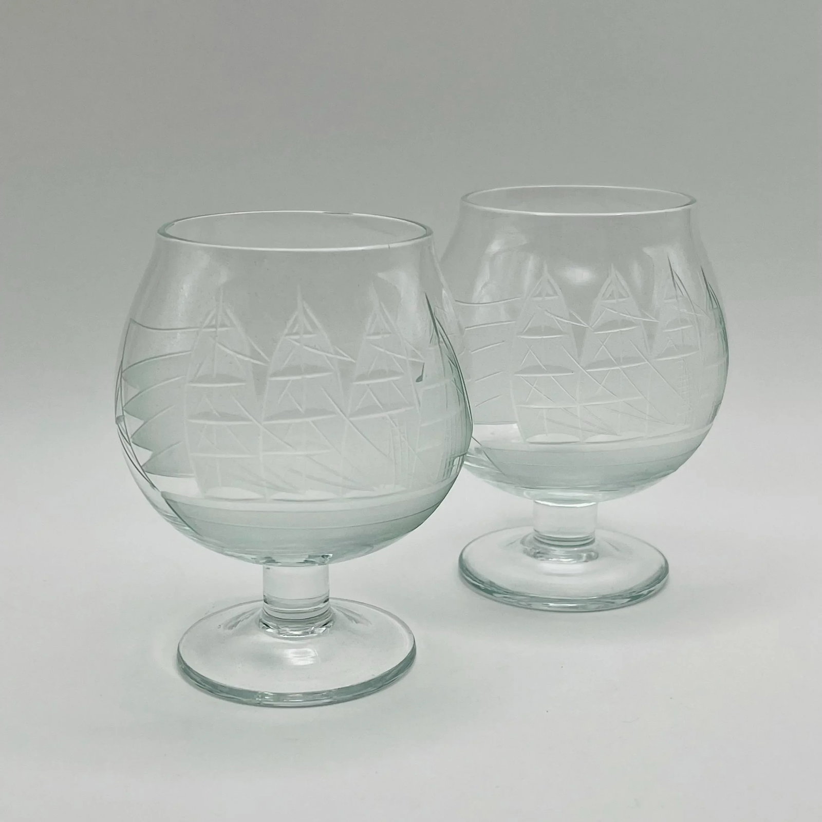 Mid 20th Century Etched Sailing Ship Miniature Brandy Glasses- A Pair - 5