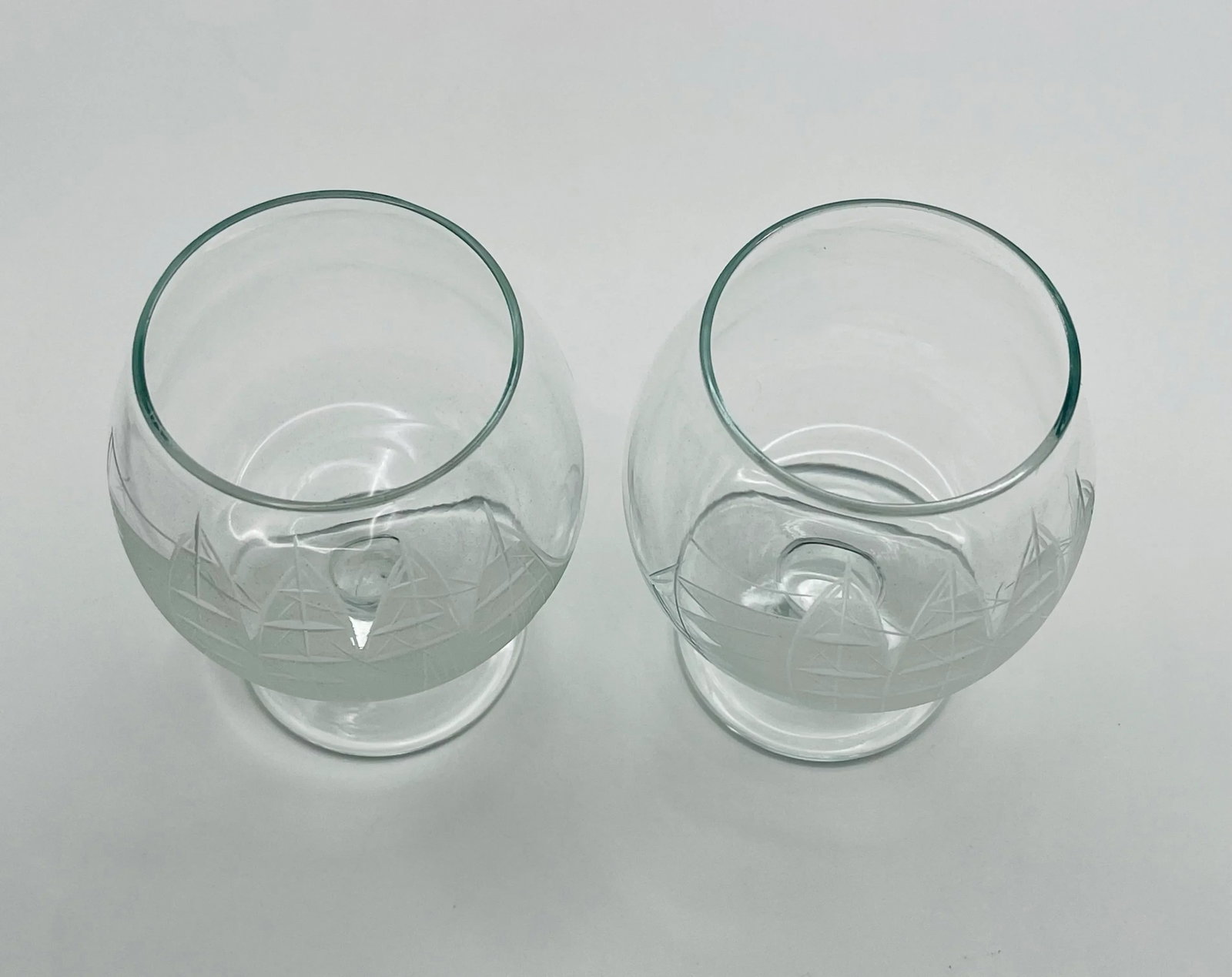 Mid 20th Century Etched Sailing Ship Miniature Brandy Glasses- A Pair - 6
