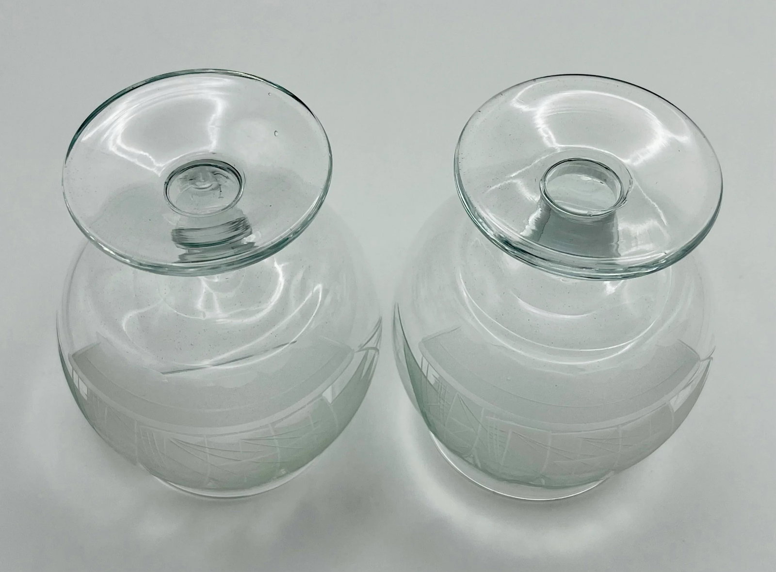 Mid 20th Century Etched Sailing Ship Miniature Brandy Glasses- A Pair - 7