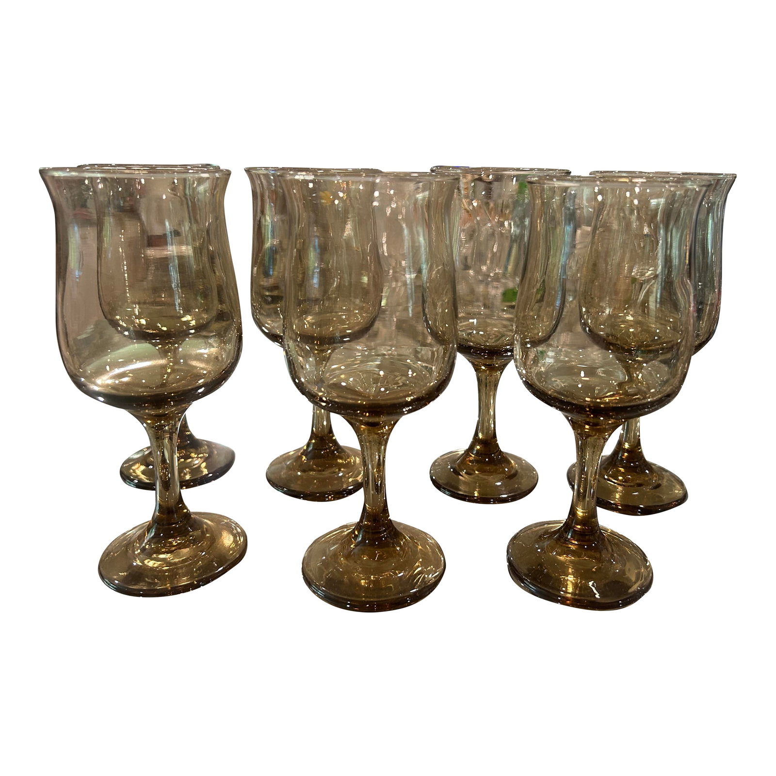 Mid Century Modern Libbey Tawny Brown Tulip Wine Glasses- Set of 7: Set of 7 Libbey tawny brown tulip wine glasses, early 1970's. Very sturdy and well made wine glasses that will go with many styles of dishes etc. Condition: Alterations: Original Condition Unaltered
