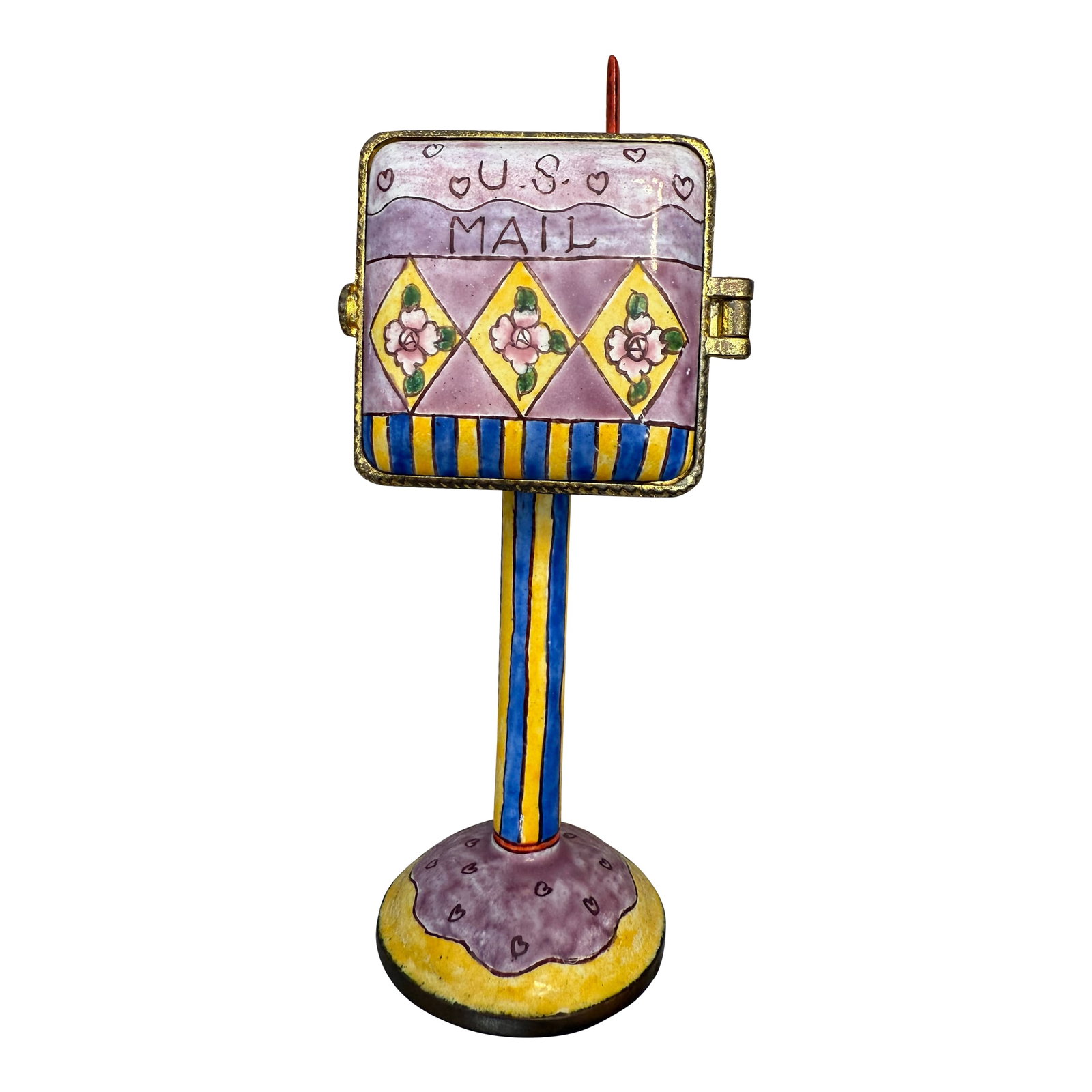Empress Arts Floral Design Trinket Mailbox: Empress Arts Ltd. trinket box. It is a mailbox on a post which opens and has a mail slot on the side and a flag on top. It says "U.S. Mail" on the front. It has a beautiful design of flowers and a