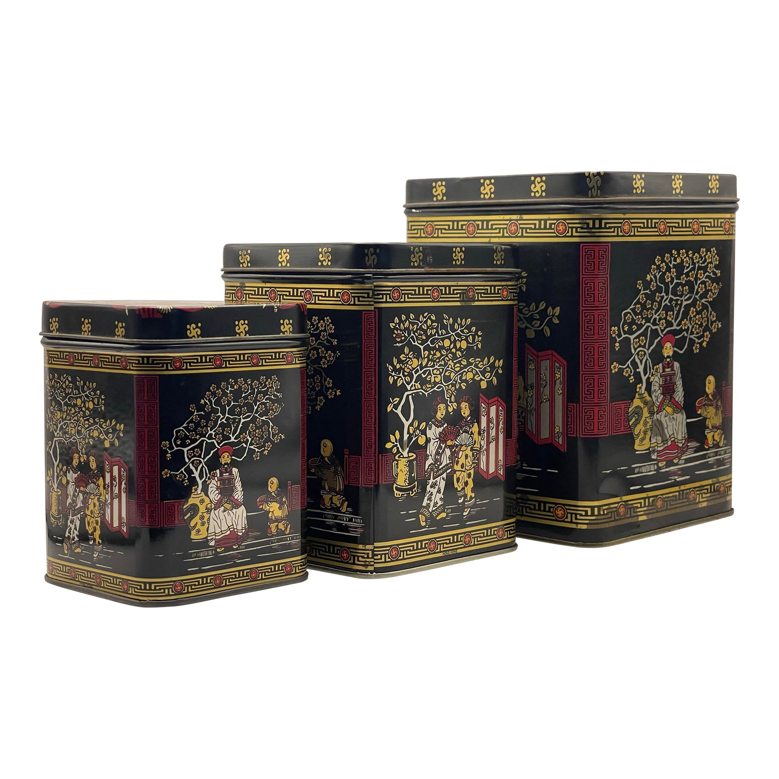 Mid 20th Century Asian Black & Gold Nesting Tins- A Set of 3: Smallest tin measures 3 3/4 inches tall and 2 3/4 inches wide. Medium tin measures 4 1/2 inches tall and 3 1/2 inches tall. Largest tin measures 5 3/4 inches tall and 4 inches tall. Ships within 1-2 d