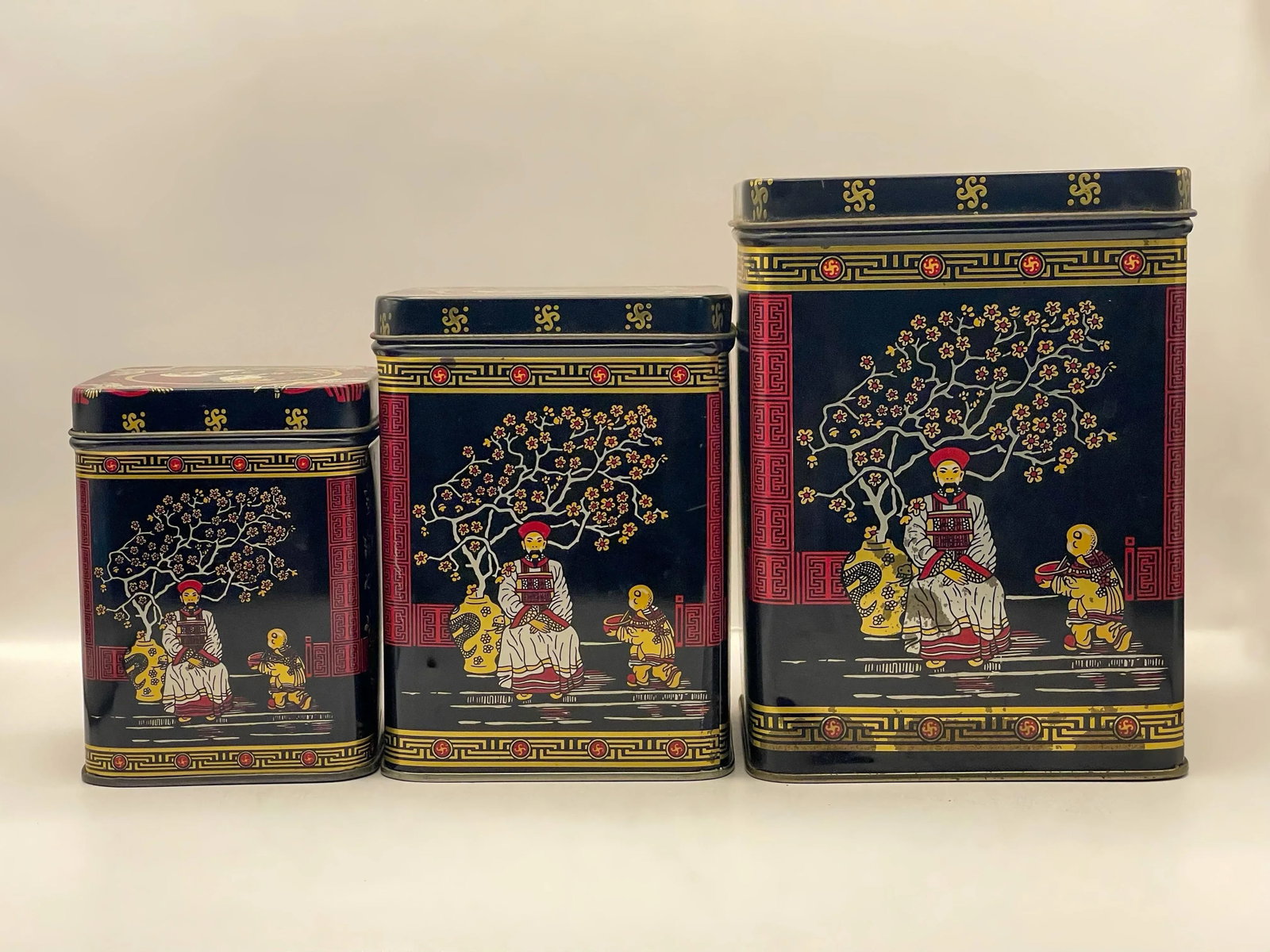 Mid 20th Century Asian Black & Gold Nesting Tins- A Set of 3 - 4