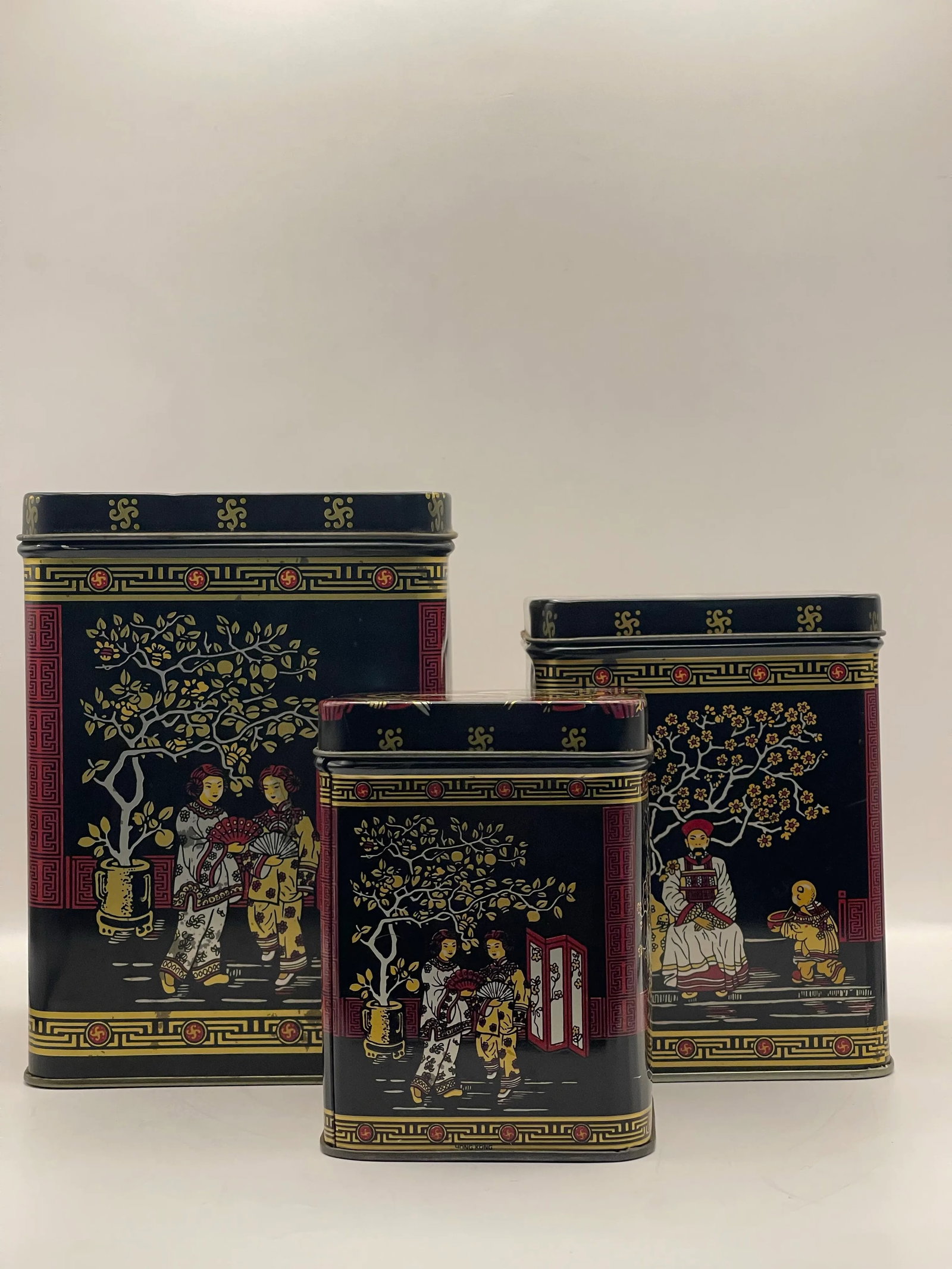 Mid 20th Century Asian Black & Gold Nesting Tins- A Set of 3 - 5