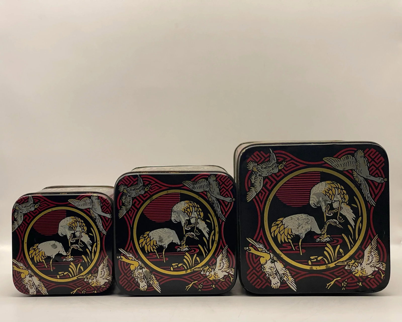 Mid 20th Century Asian Black & Gold Nesting Tins- A Set of 3 - 6