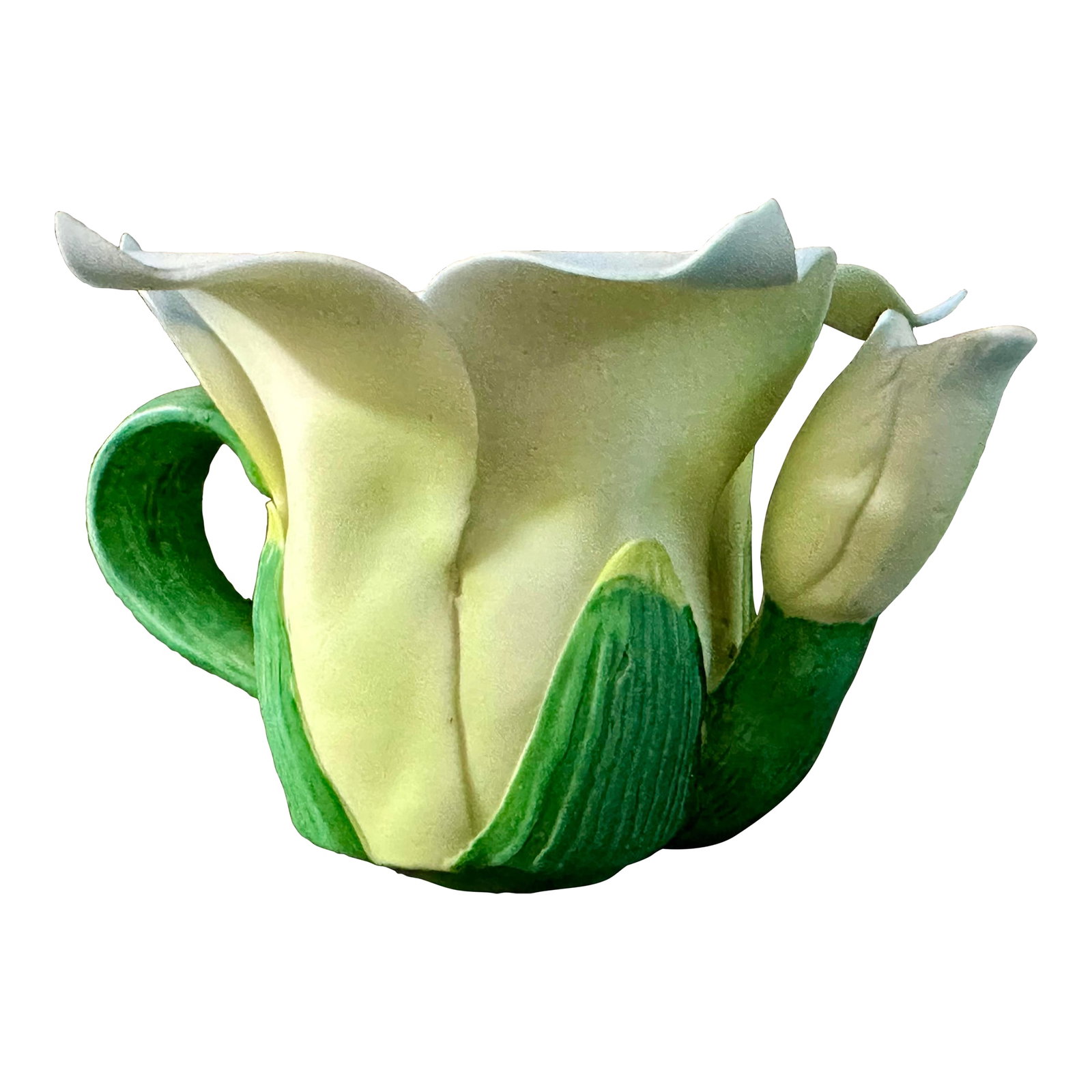 Vintage Late 20th Century Ceramic Hand Painted Teapot Flower Shaped Candlestick Holder: Flower teapot shaped ceramic candlestick holder. Green & yellow base with blue/pink flower. Approximately 4" x 3 1/2" x 2". Condition: Alterations: Original Condition Unaltered Imperfections: Some