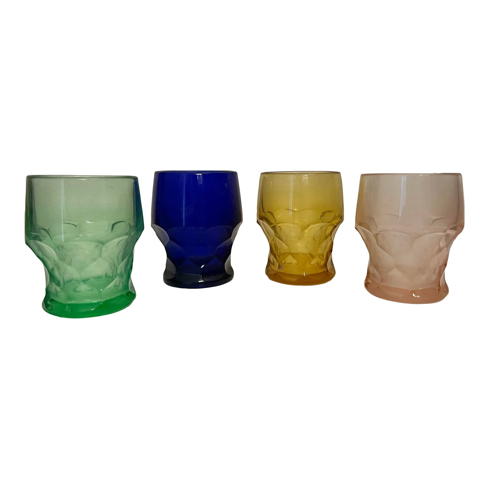 20th Century Tumbler Glasses- Set of 4: Vintage Gem Faceted Cut Heavyweight Jewel Color Tumbler set of 4 glass. These glasses have a substantial heavy bottom and a honeycomb cubed pattern. Always know which drink is yours by the color of