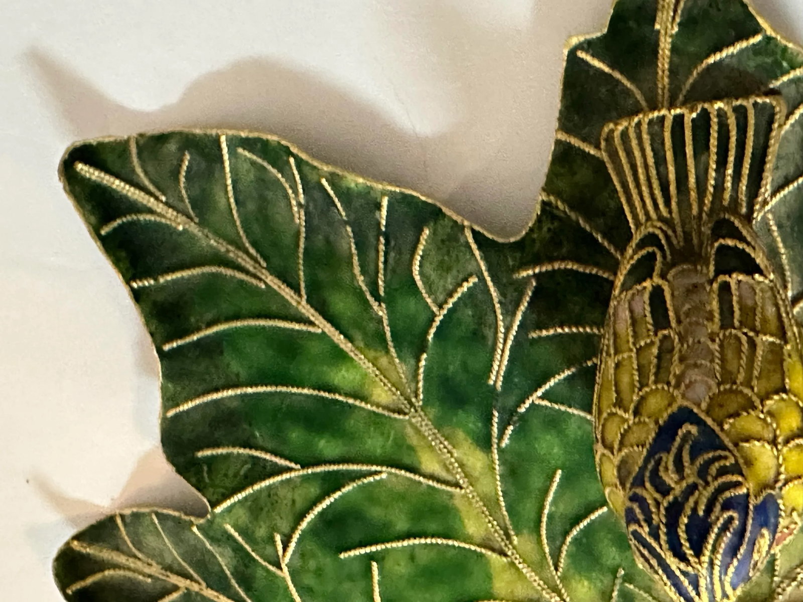 Vintage 1900s Cloisonne Enamel Bird on Leaf Shaped Decorative Dish - 10