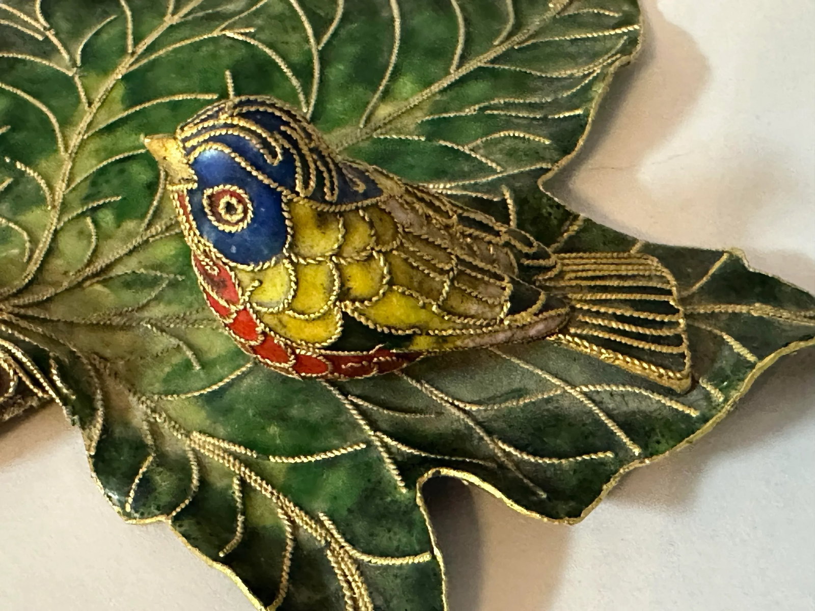 Vintage 1900s Cloisonne Enamel Bird on Leaf Shaped Decorative Dish - 11