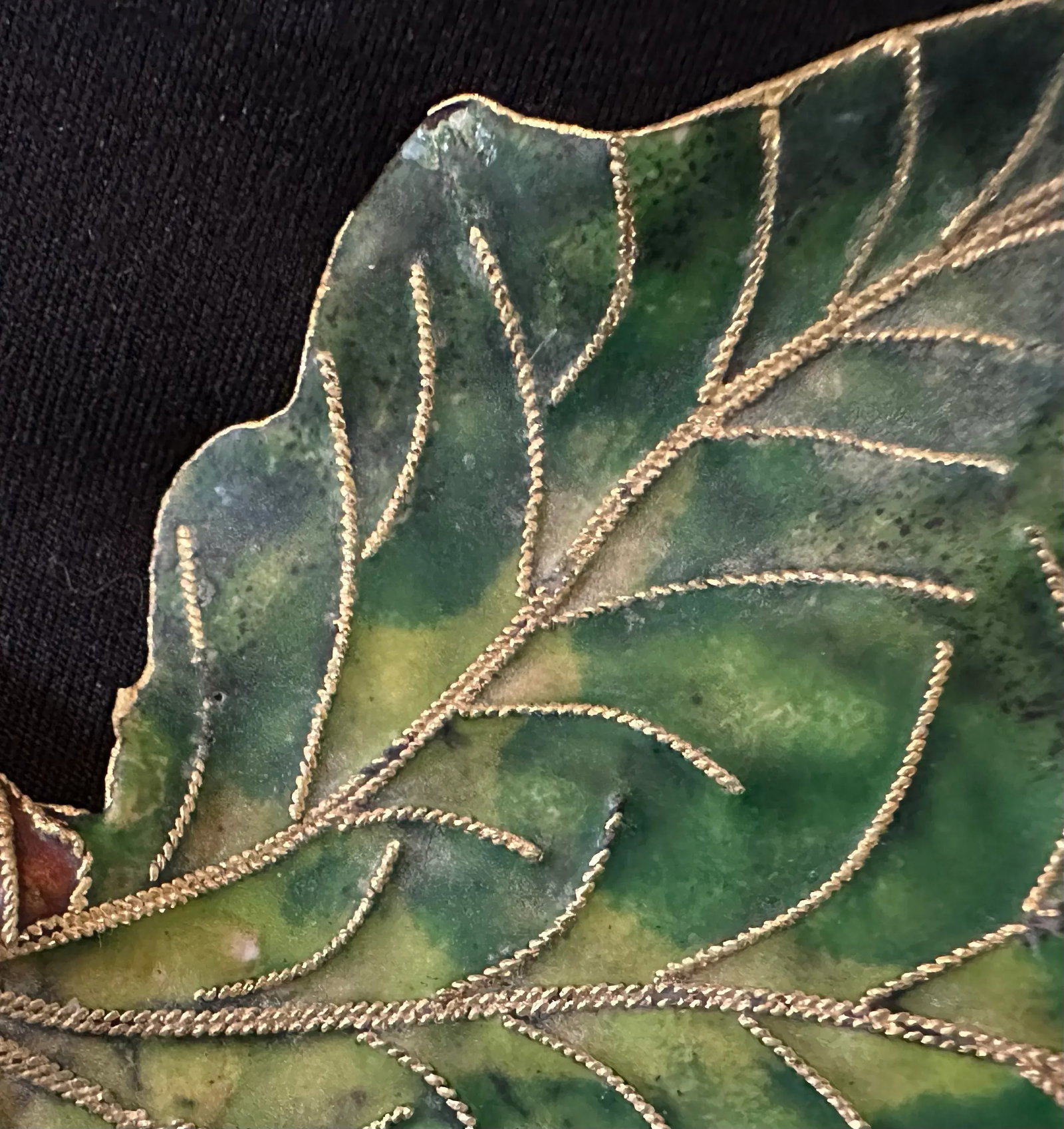 Vintage 1900s Cloisonne Enamel Bird on Leaf Shaped Decorative Dish - 12