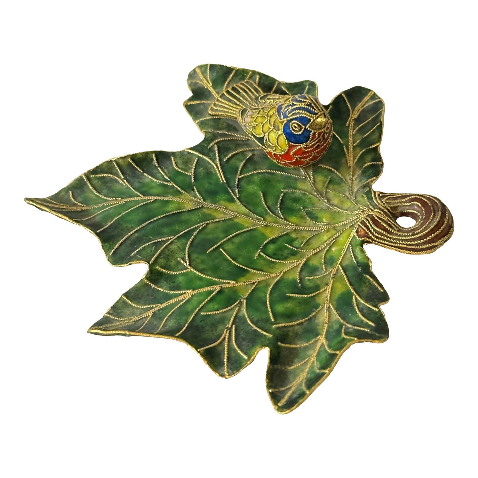 Vintage 1900s Cloisonne Enamel Bird on Leaf Shaped Decorative Dish: Beautiful cloisonne bird resting on a leaf shaped dish. Green, gold and red enamel paint. Can be displayed on a table or hung on a wall. Condition: Alterations: Original Condition Unaltered