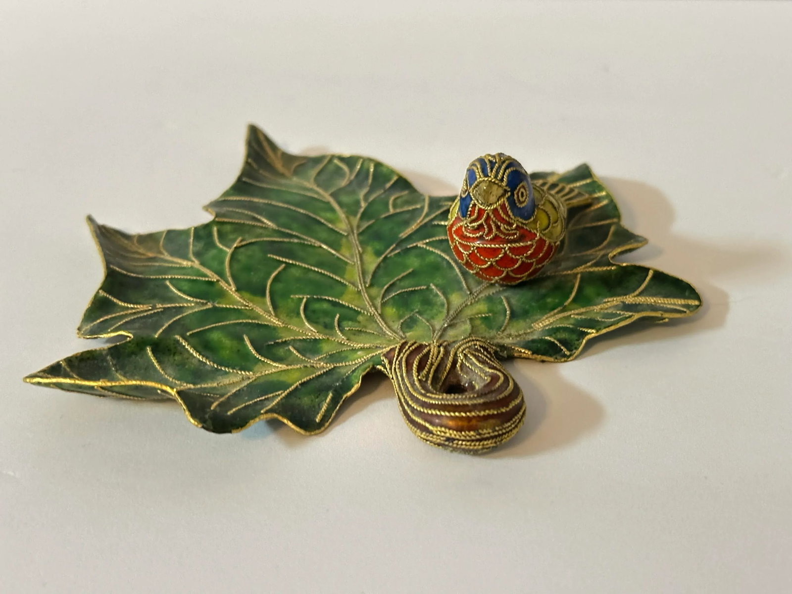Vintage 1900s Cloisonne Enamel Bird on Leaf Shaped Decorative Dish - 2